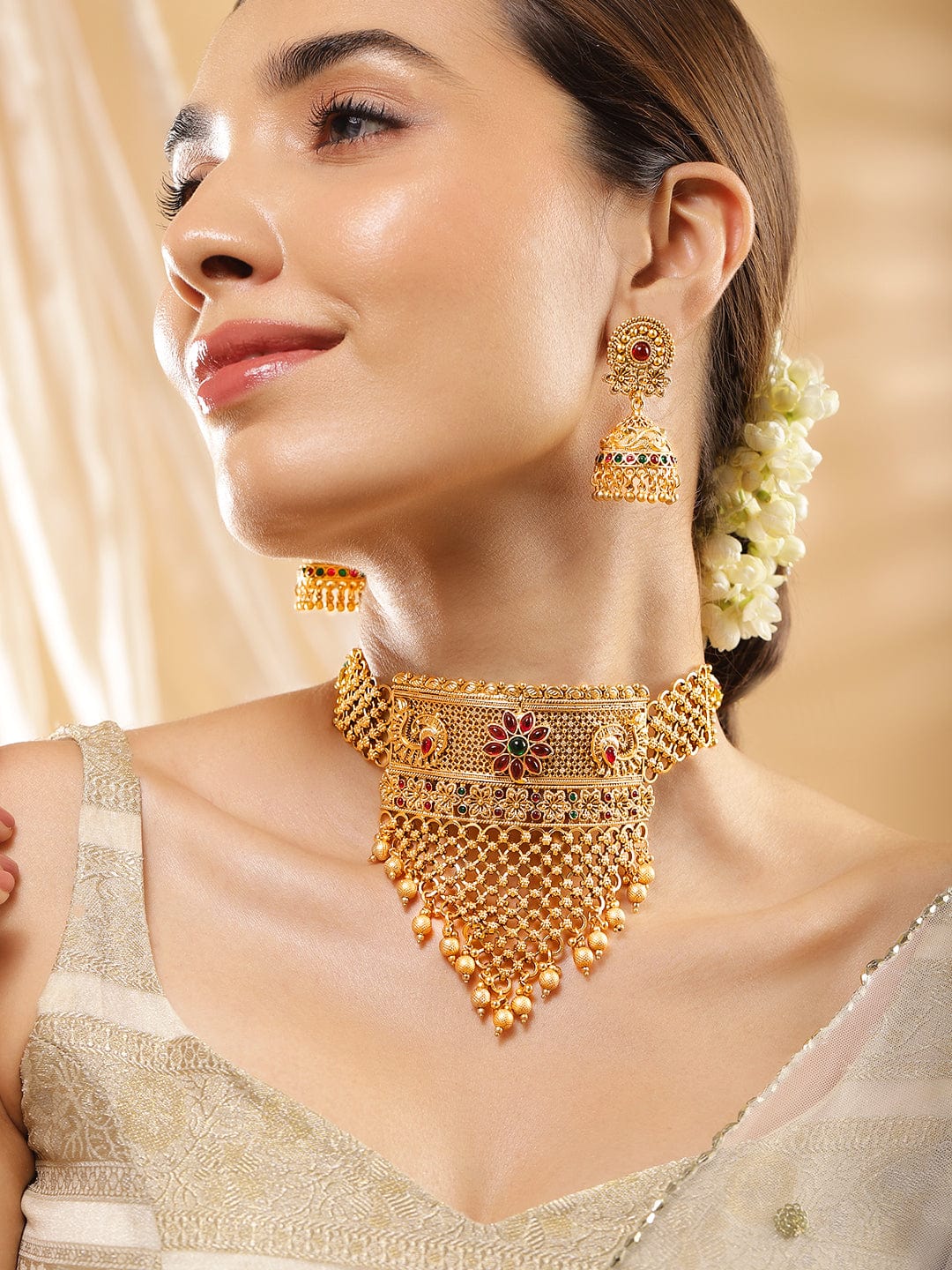 Wentra 22K Gold-Plated Ruby & Emerald and Golden Beaded Detailing Handcrafted Choker Set