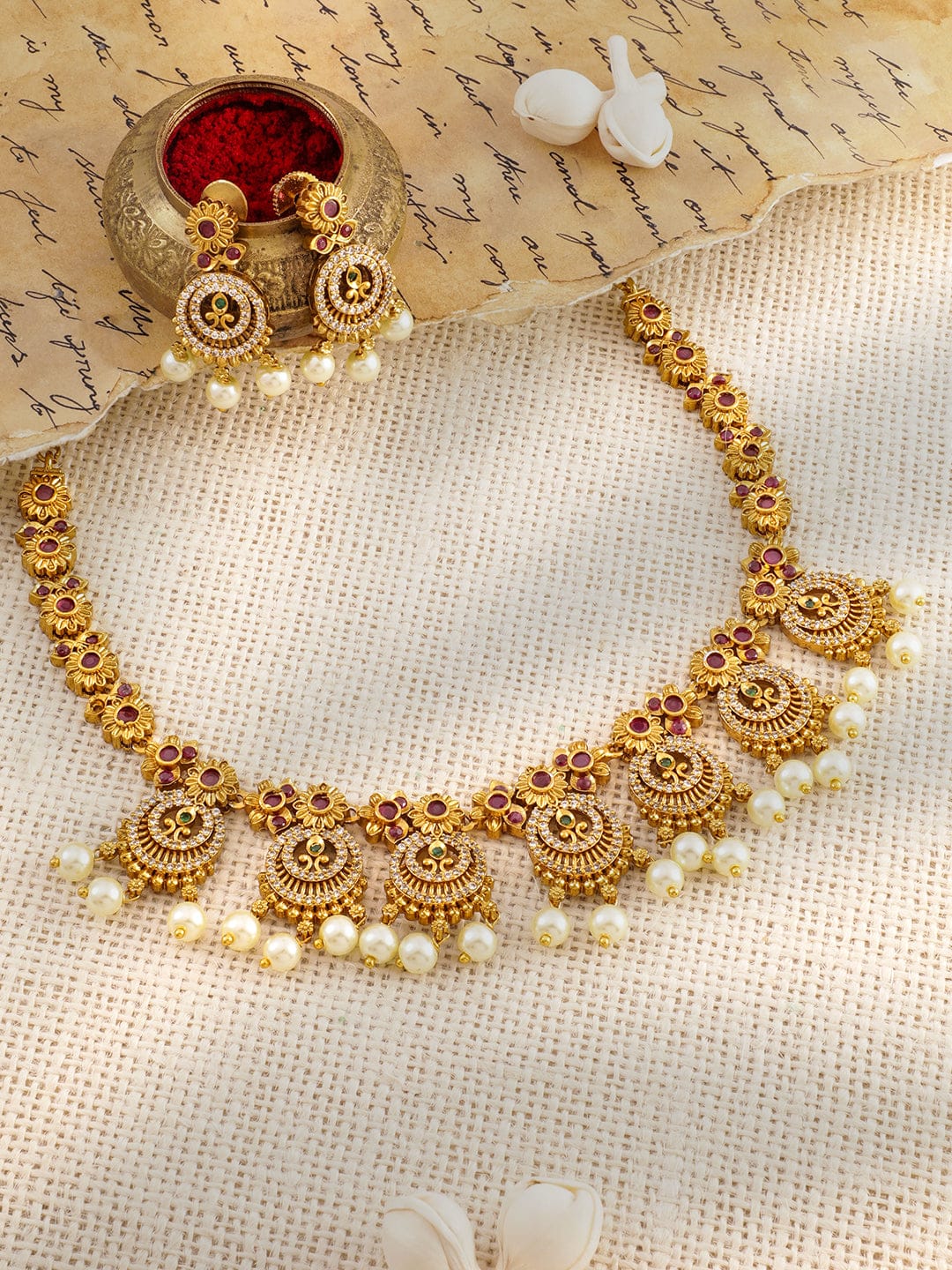 American Diamond Zirconia Pink studded Pearl Necklace Set