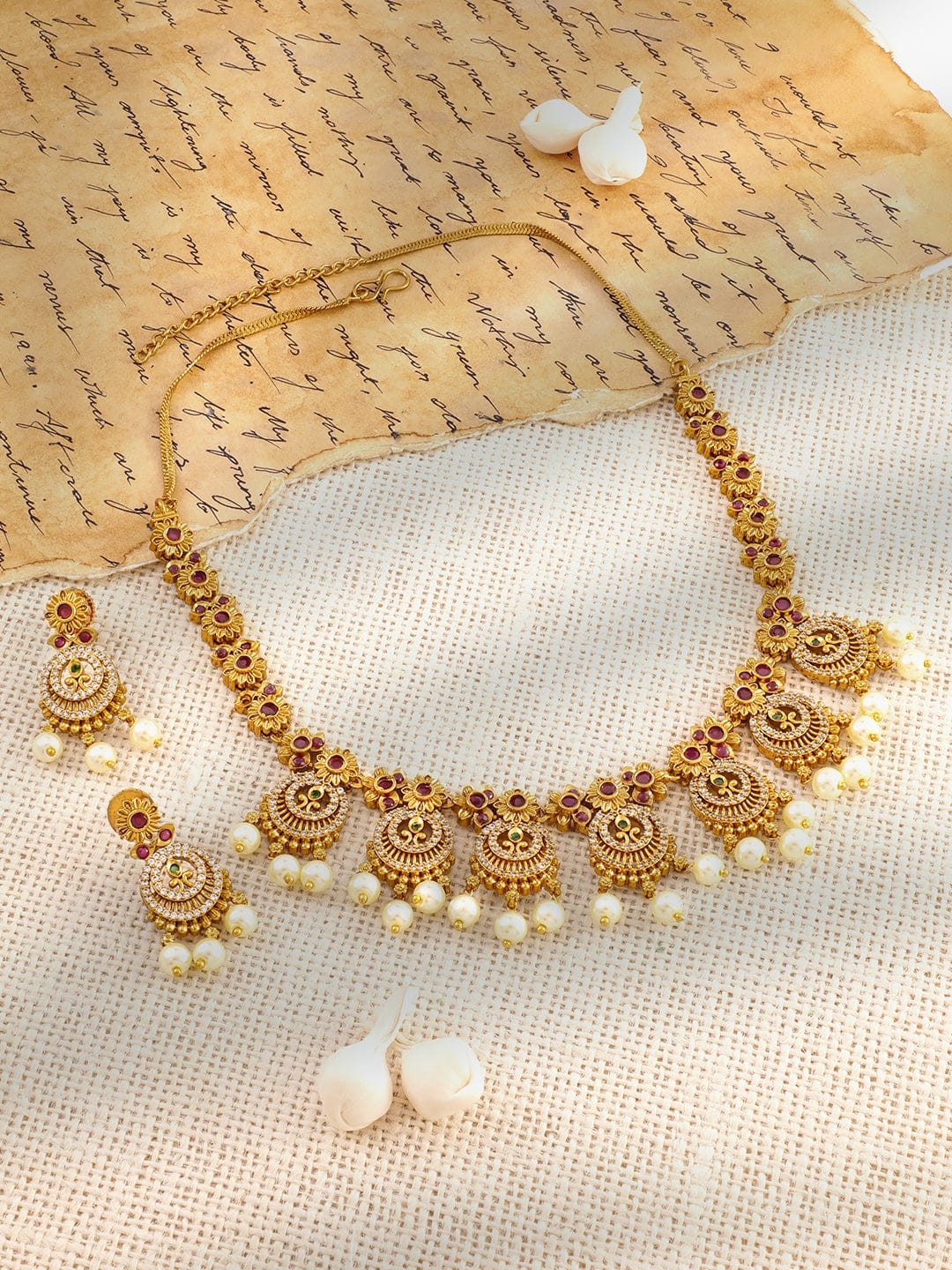 American Diamond Zirconia Pink studded Pearl Necklace Set
