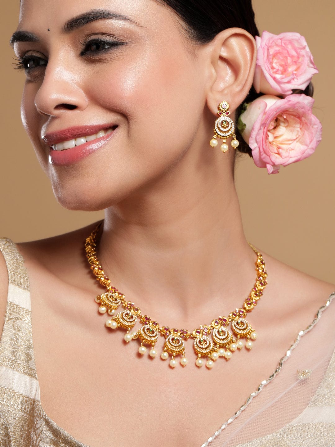 American Diamond Zirconia Pink studded Pearl Necklace Set