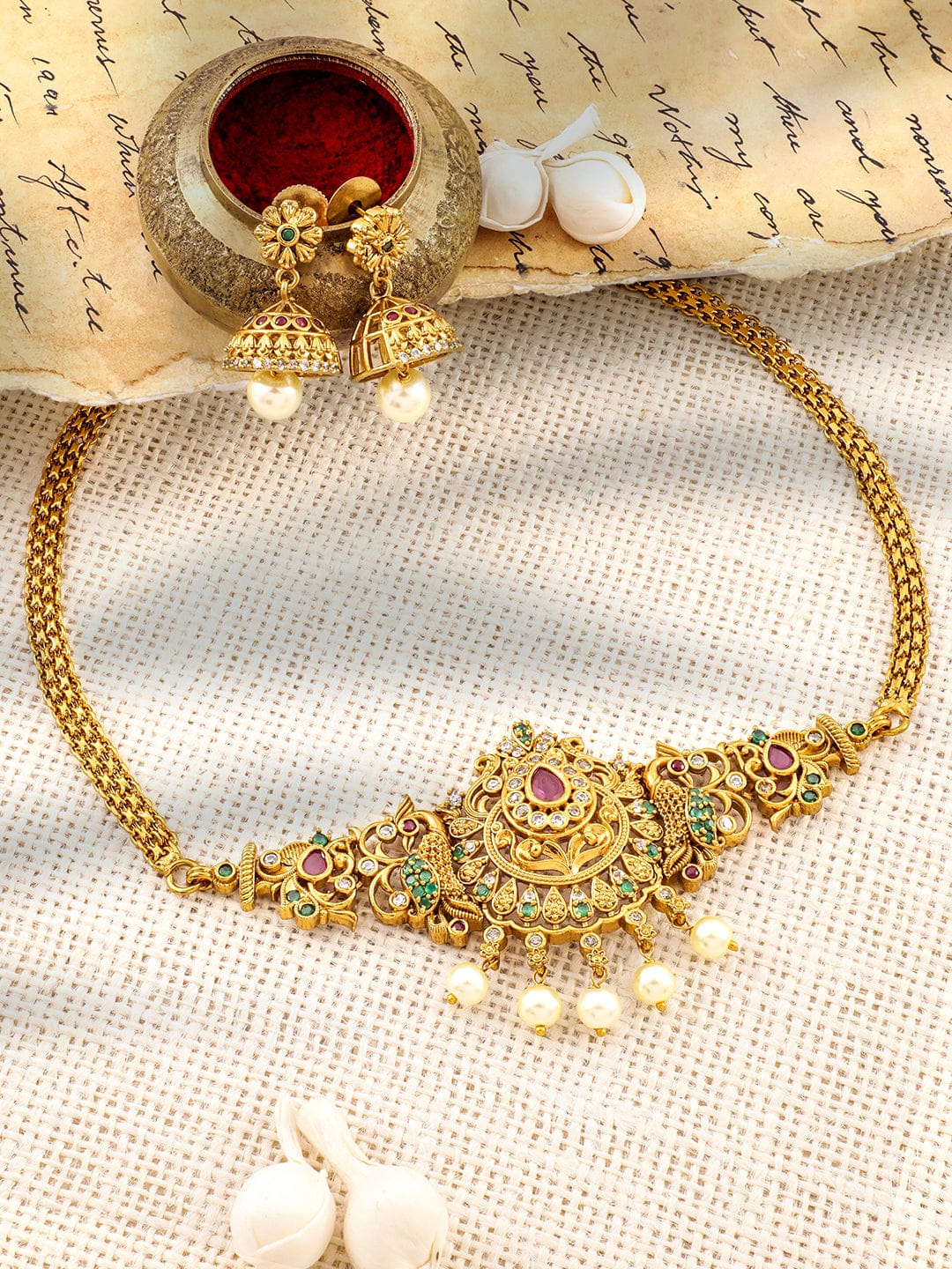 Multicolor Studded Peacock Motif Gold Necklace Set