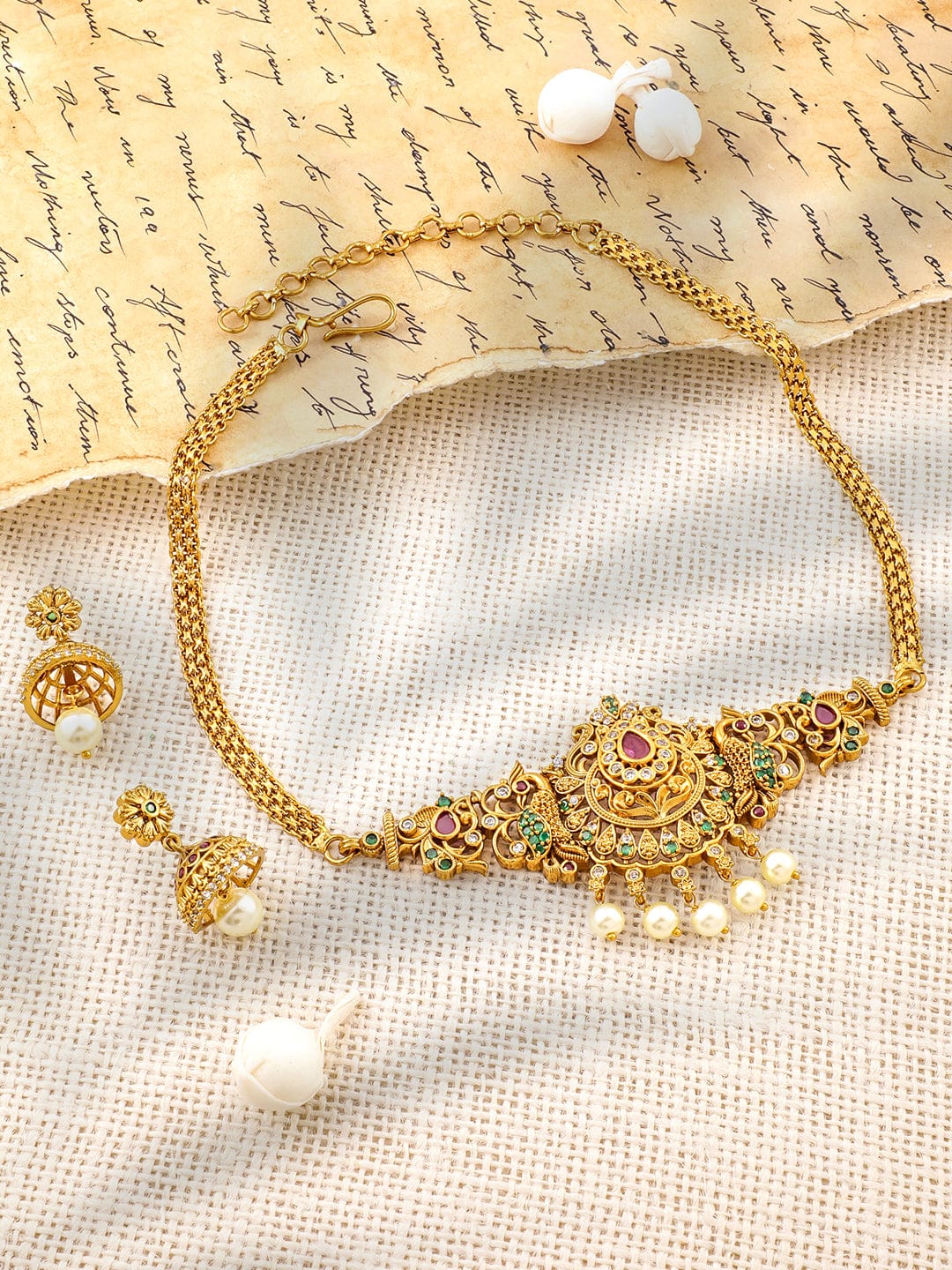 Multicolor Studded Peacock Motif Gold Necklace Set