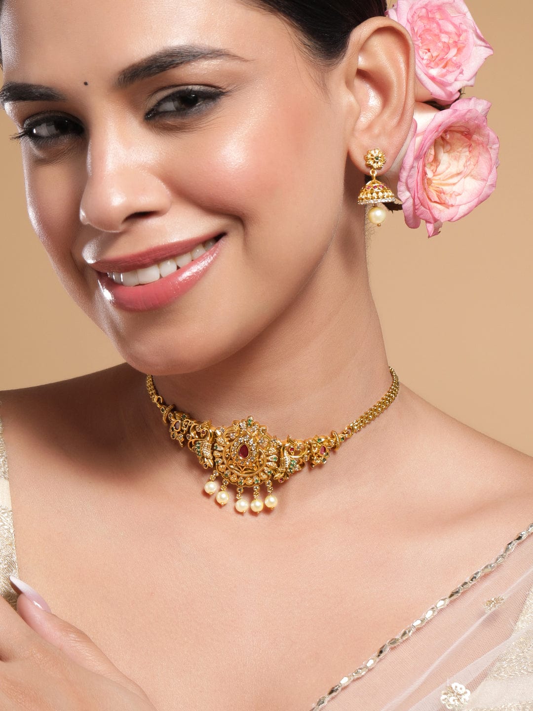 Multicolor Studded Peacock Motif Gold Necklace Set