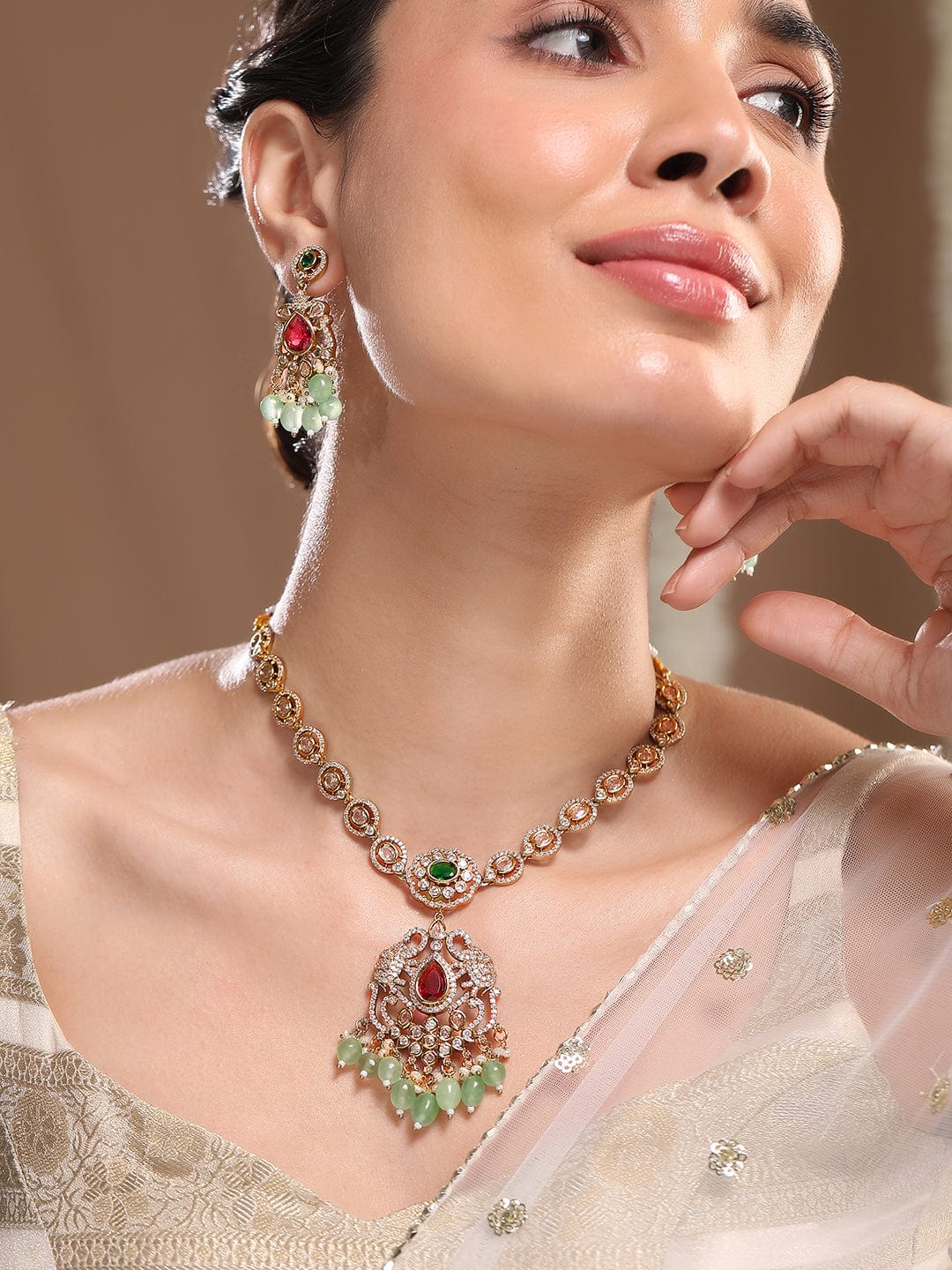 American Diamond Zirconia Green Beaded Necklace set