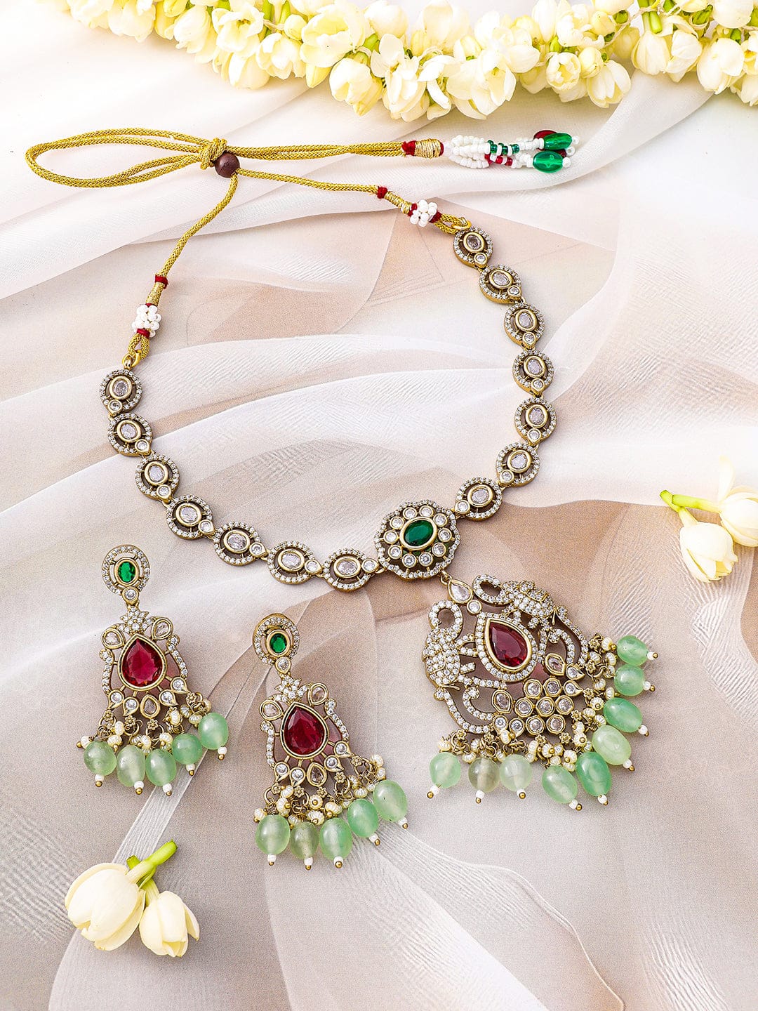 American Diamond Zirconia Green Beaded Necklace set
