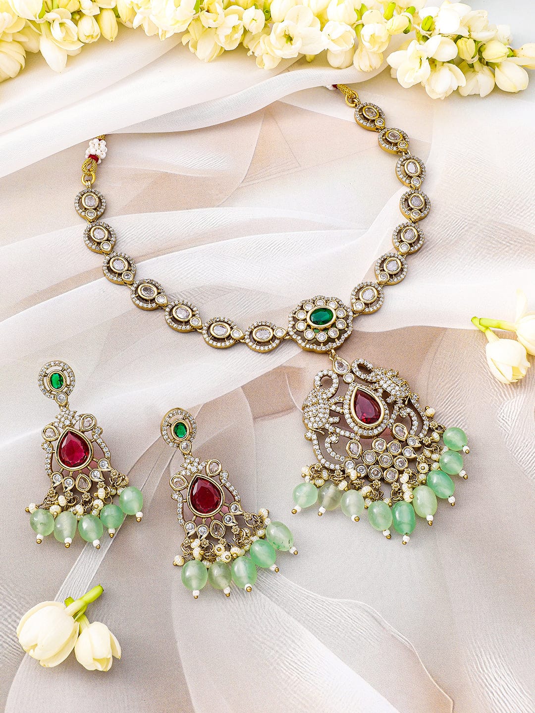 American Diamond Zirconia Green Beaded Necklace set