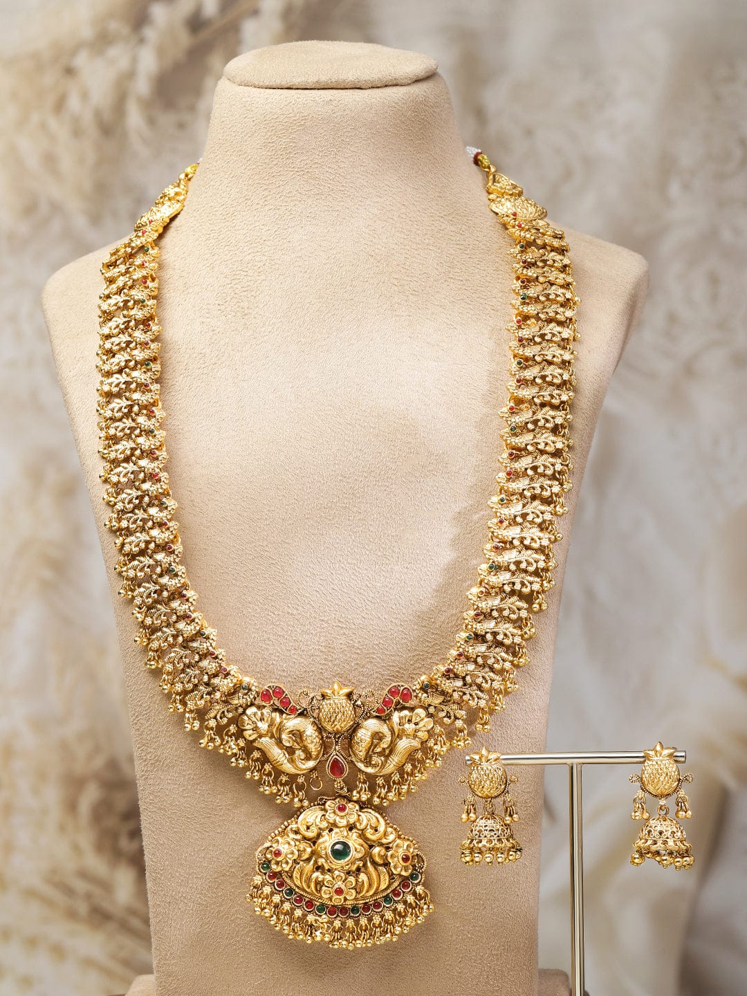 Red & Green Studded Temple Necklace Set