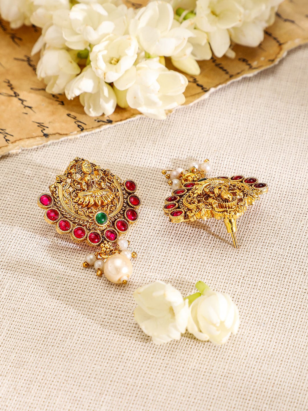 Red Studded Gold Temple Necklace Set