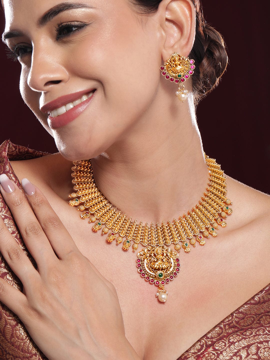 Red Studded Gold Temple Necklace Set