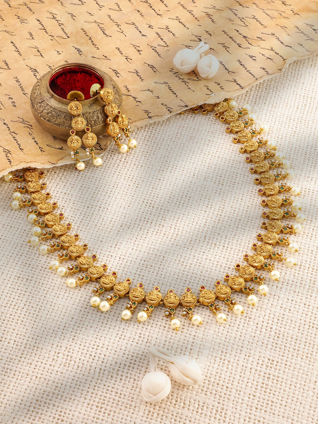 Green & Red Laxmi Motif Pearl Necklace set