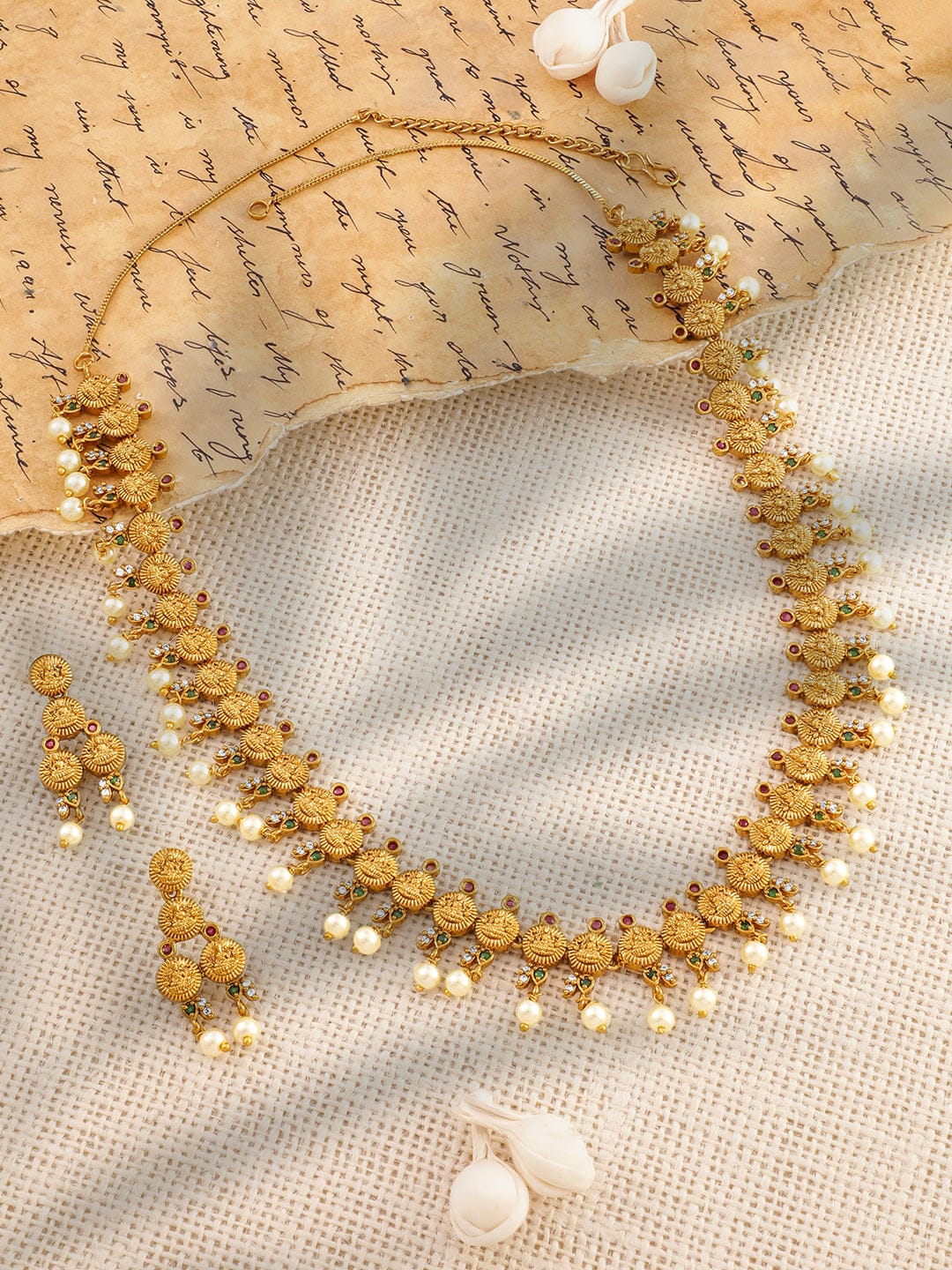 Green & Red Laxmi Motif Pearl Necklace set