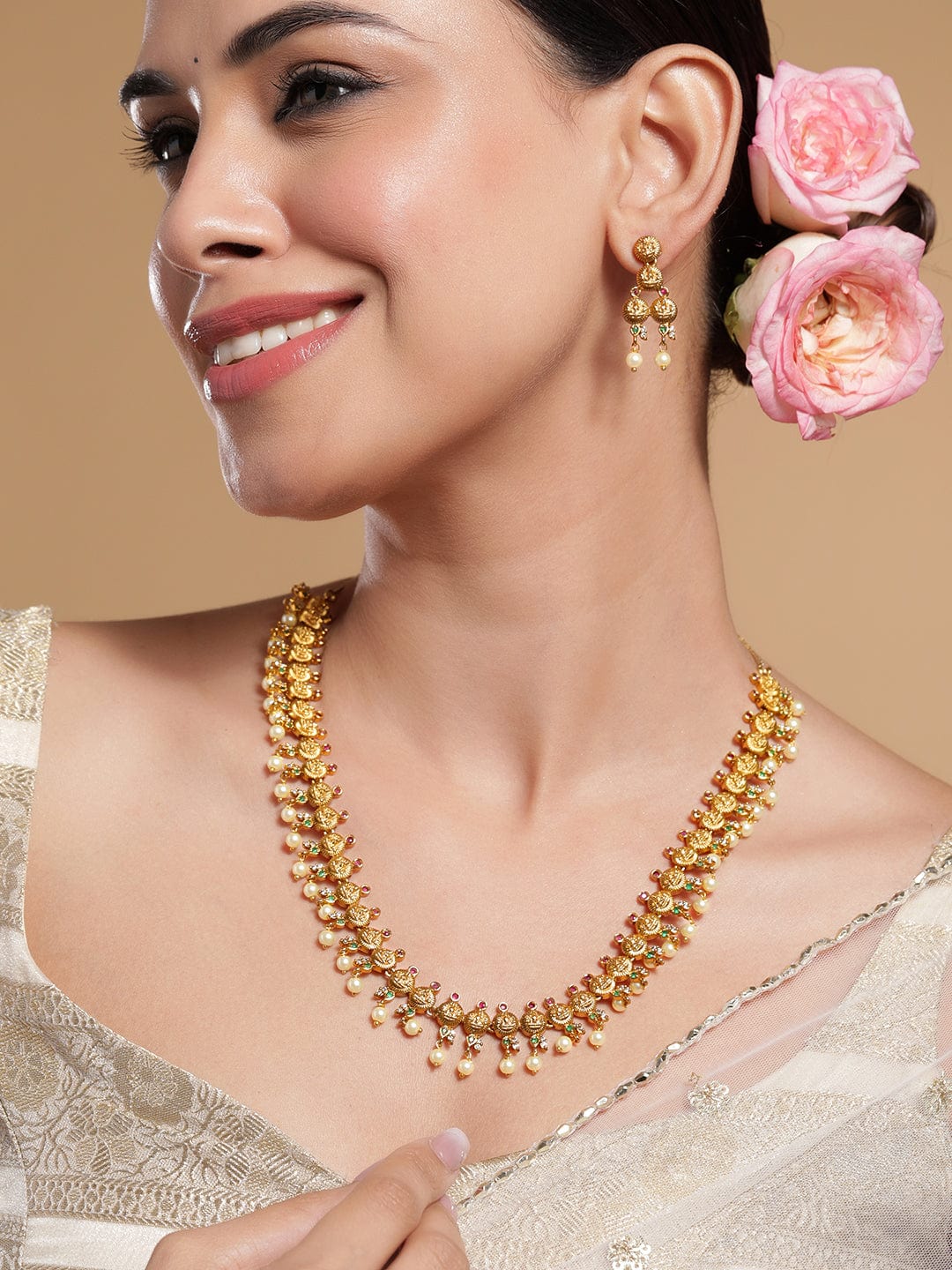 Green & Red Laxmi Motif Pearl Necklace set