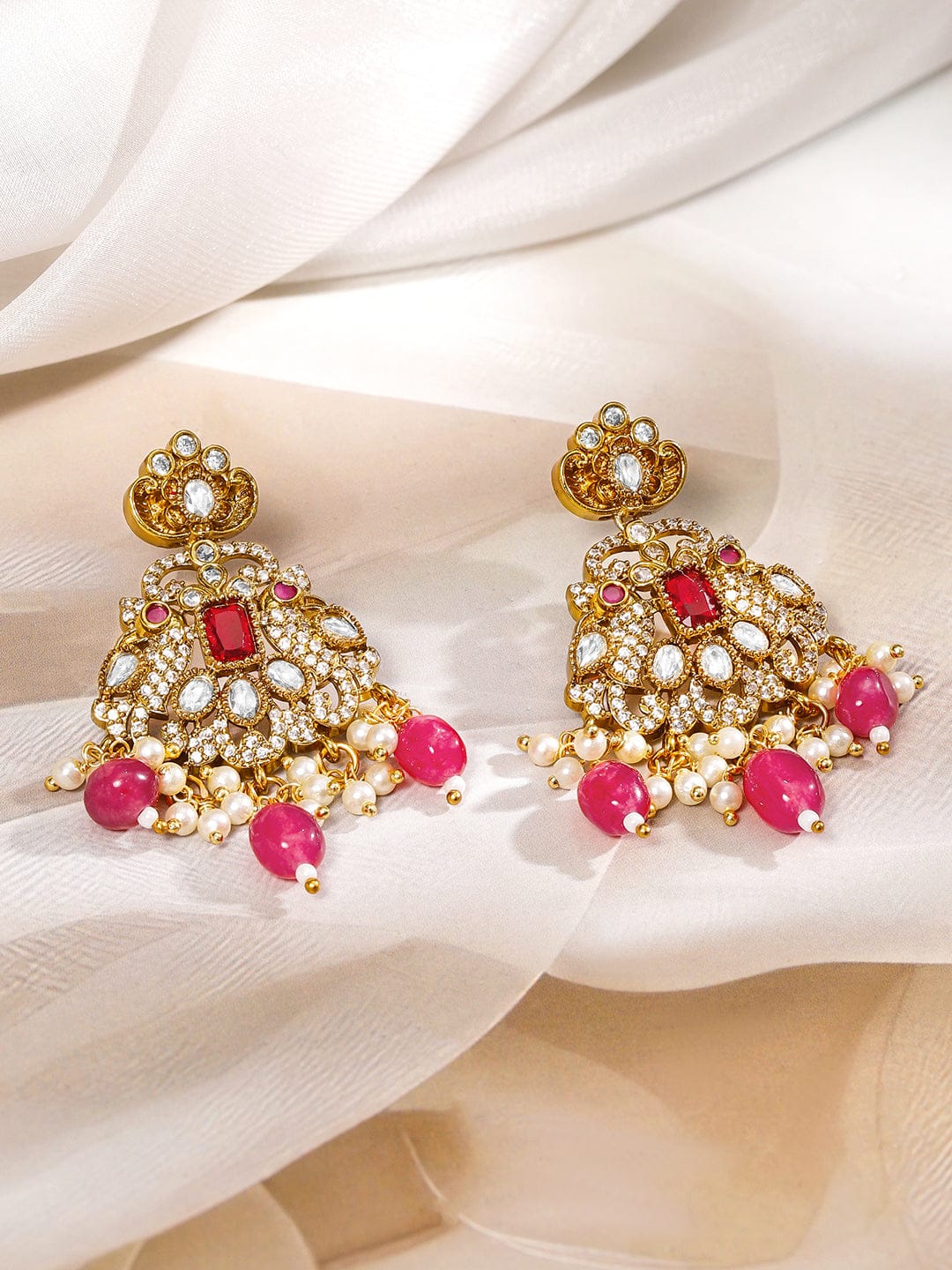 White Kundan Necklace Set With Pearl Red Drops