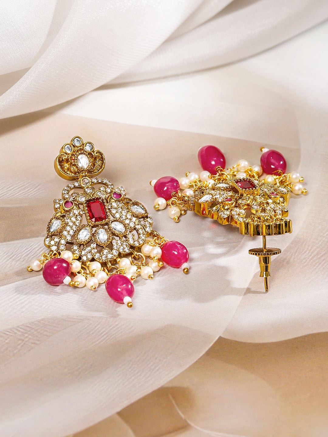 White Kundan Necklace Set With Pearl Red Drops
