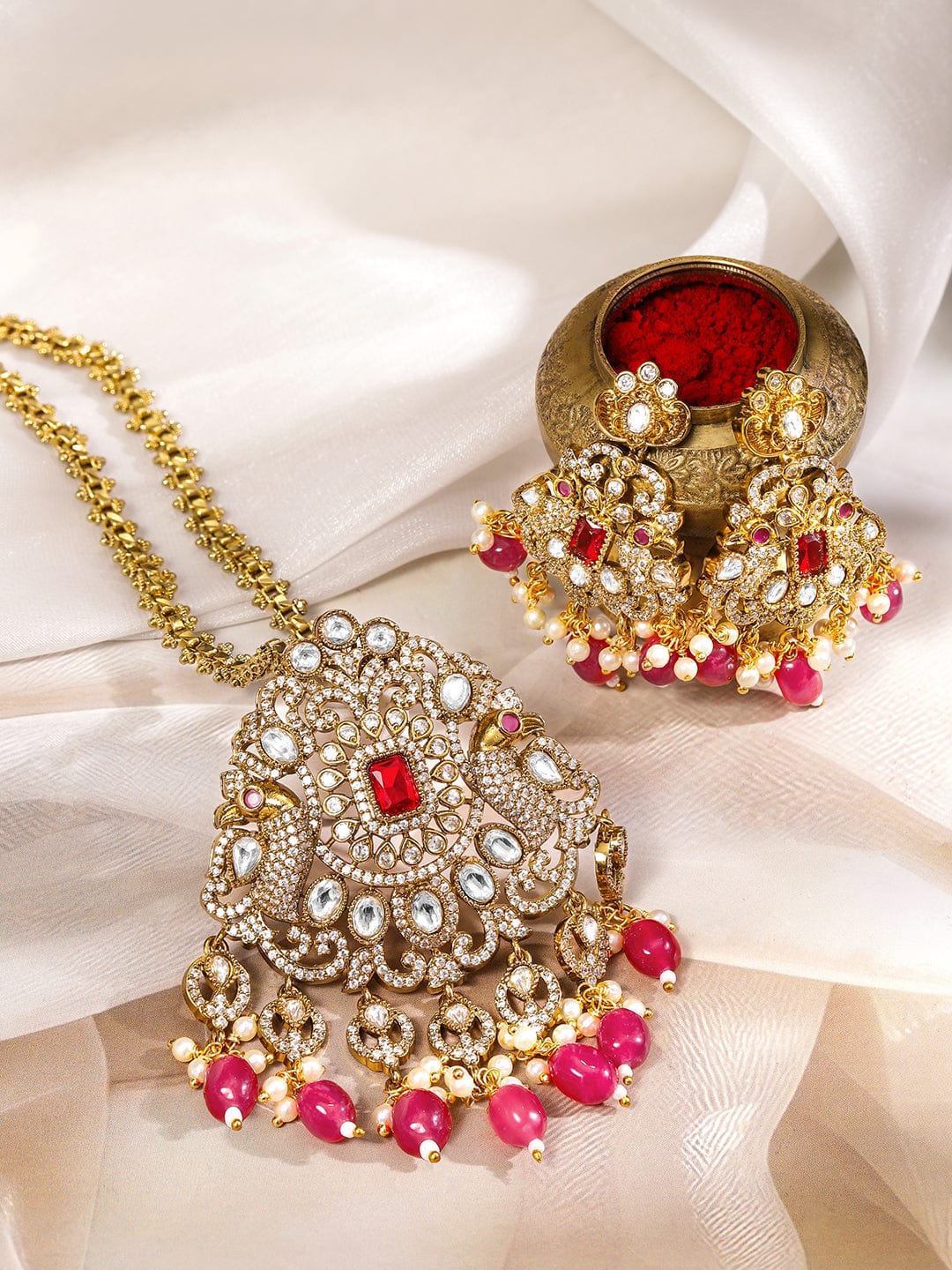 White Kundan Necklace Set With Pearl Red Drops