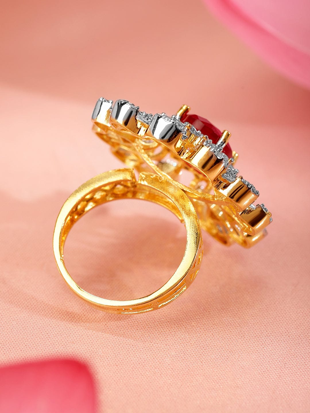 American Diamond Zirconia Pink Floral Ring