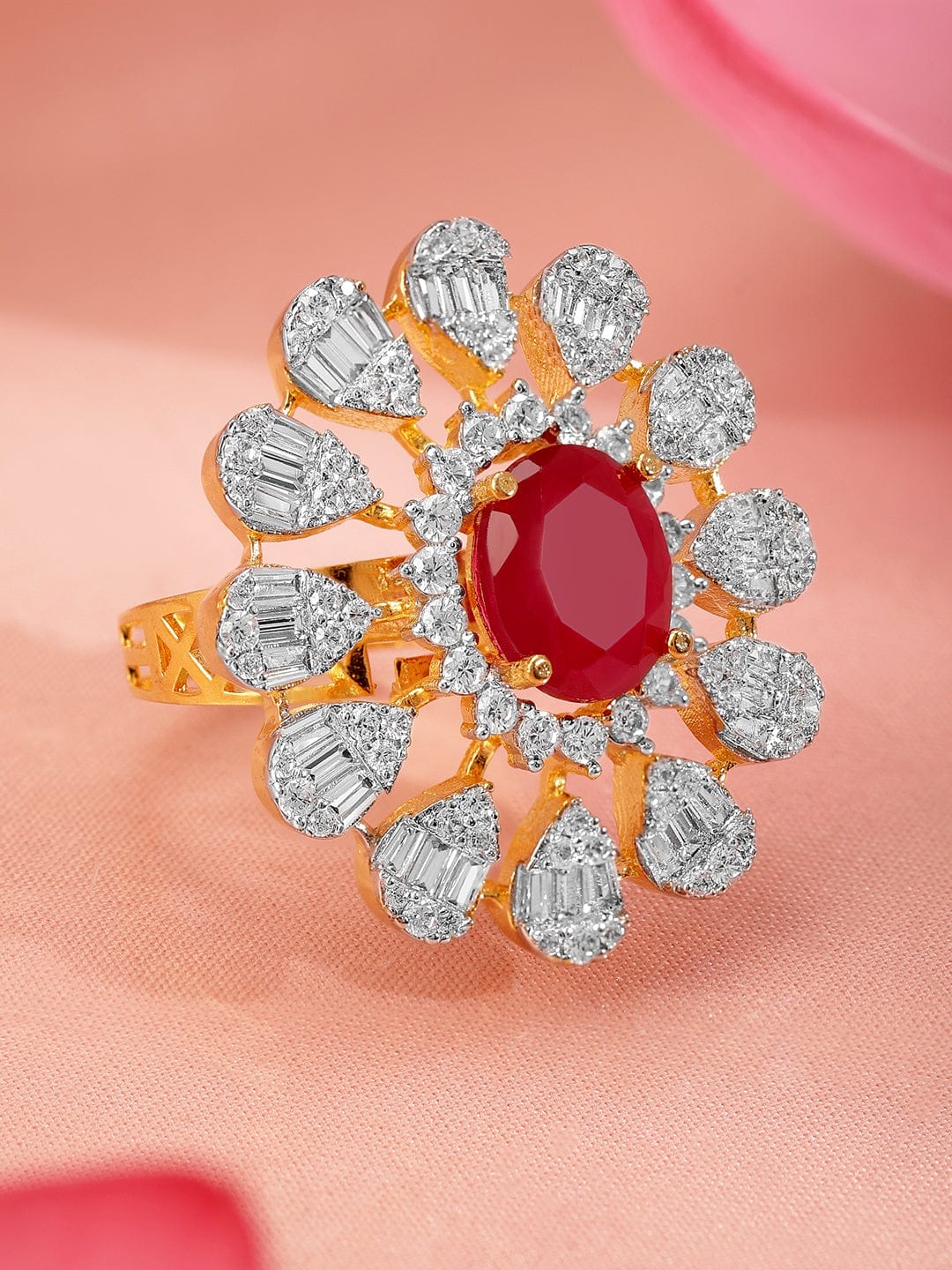 American Diamond Zirconia Pink Floral Ring