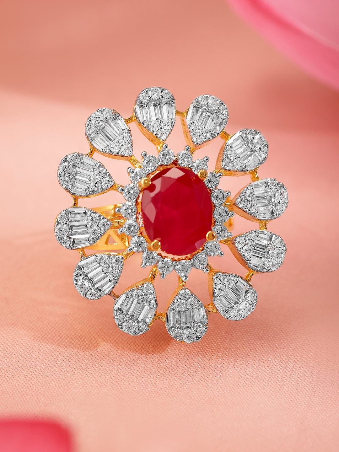 American Diamond Zirconia Pink Floral Ring