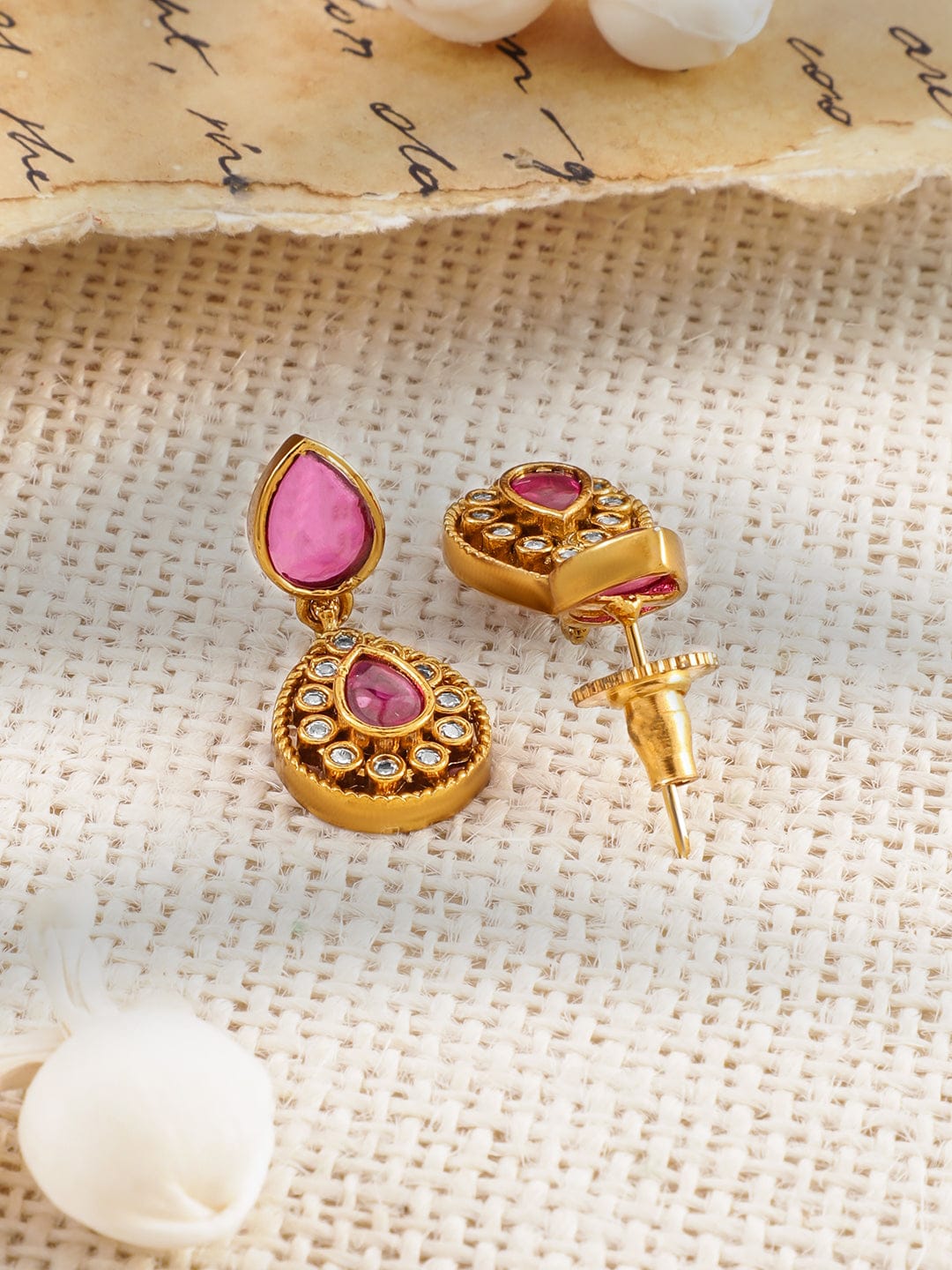 American Diamond Zirconia Pink Studded Temple Necklace Set