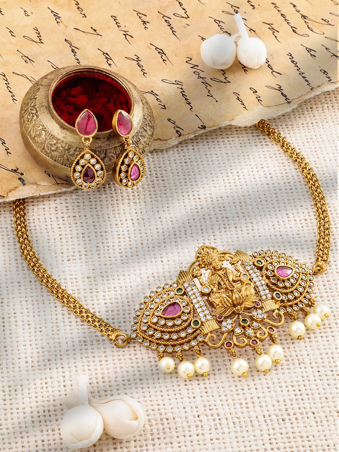 American Diamond Zirconia Pink Studded Temple Necklace Set