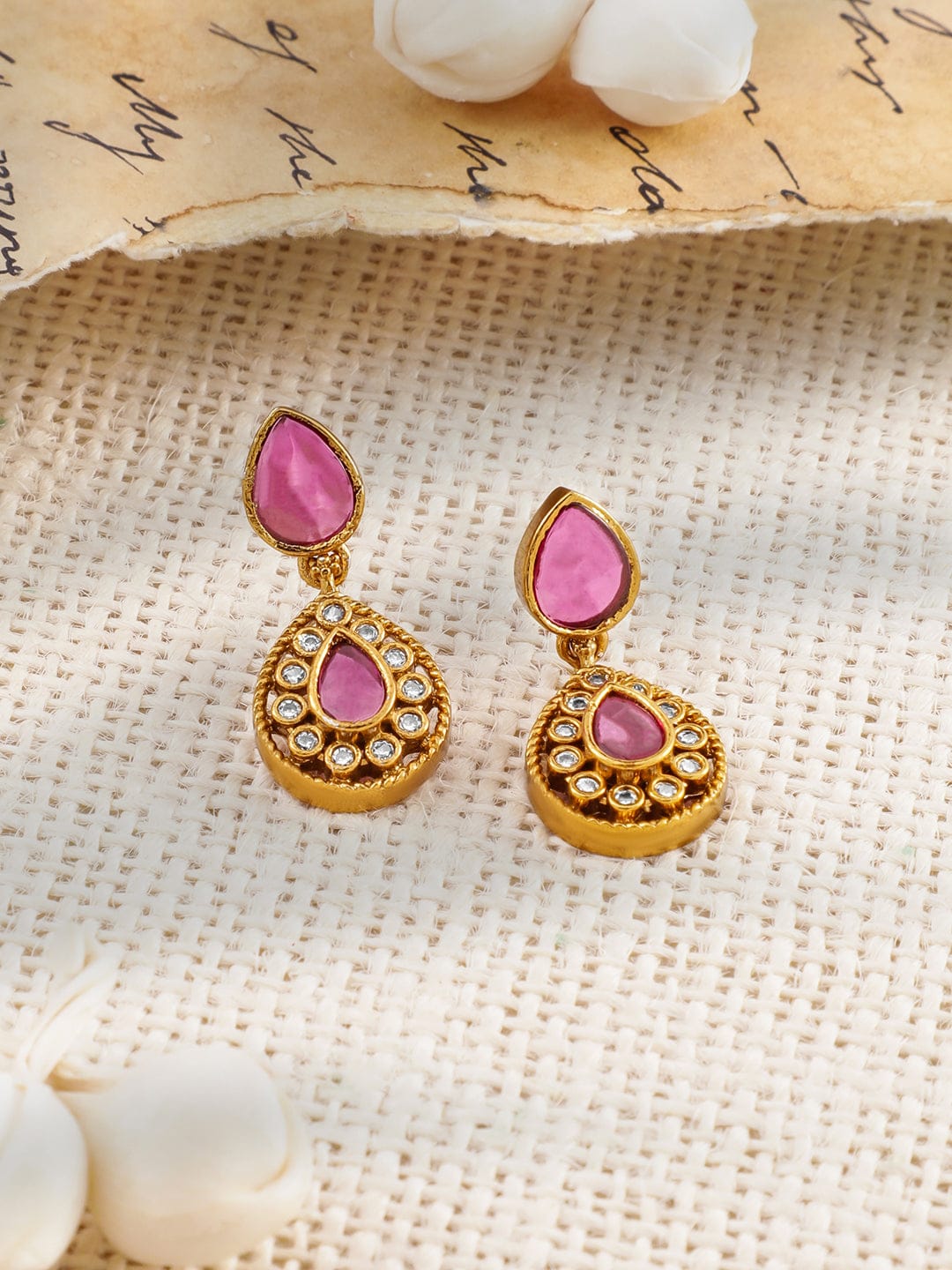 American Diamond Zirconia Pink Studded Temple Necklace Set
