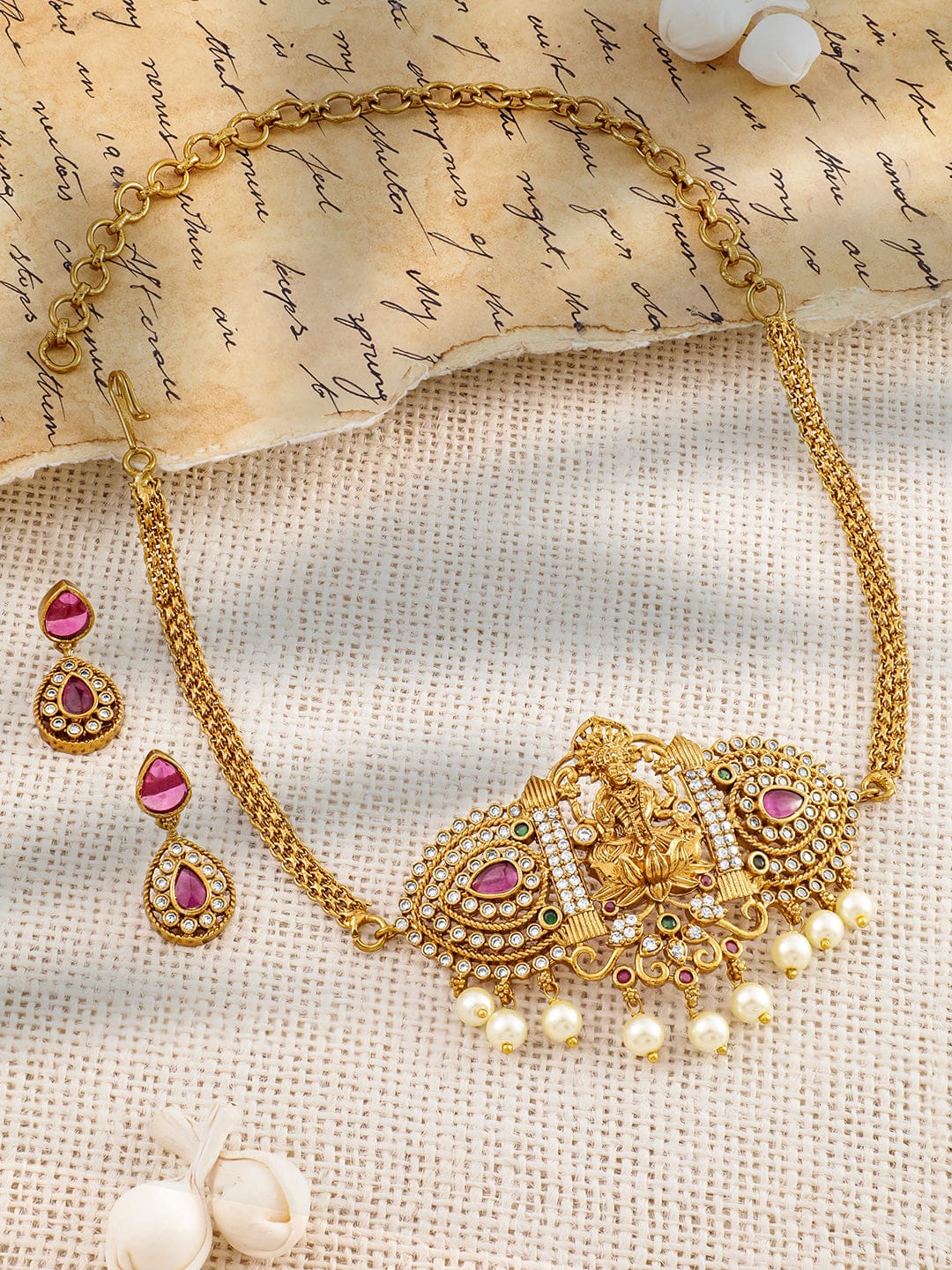 American Diamond Zirconia Pink Studded Temple Necklace Set