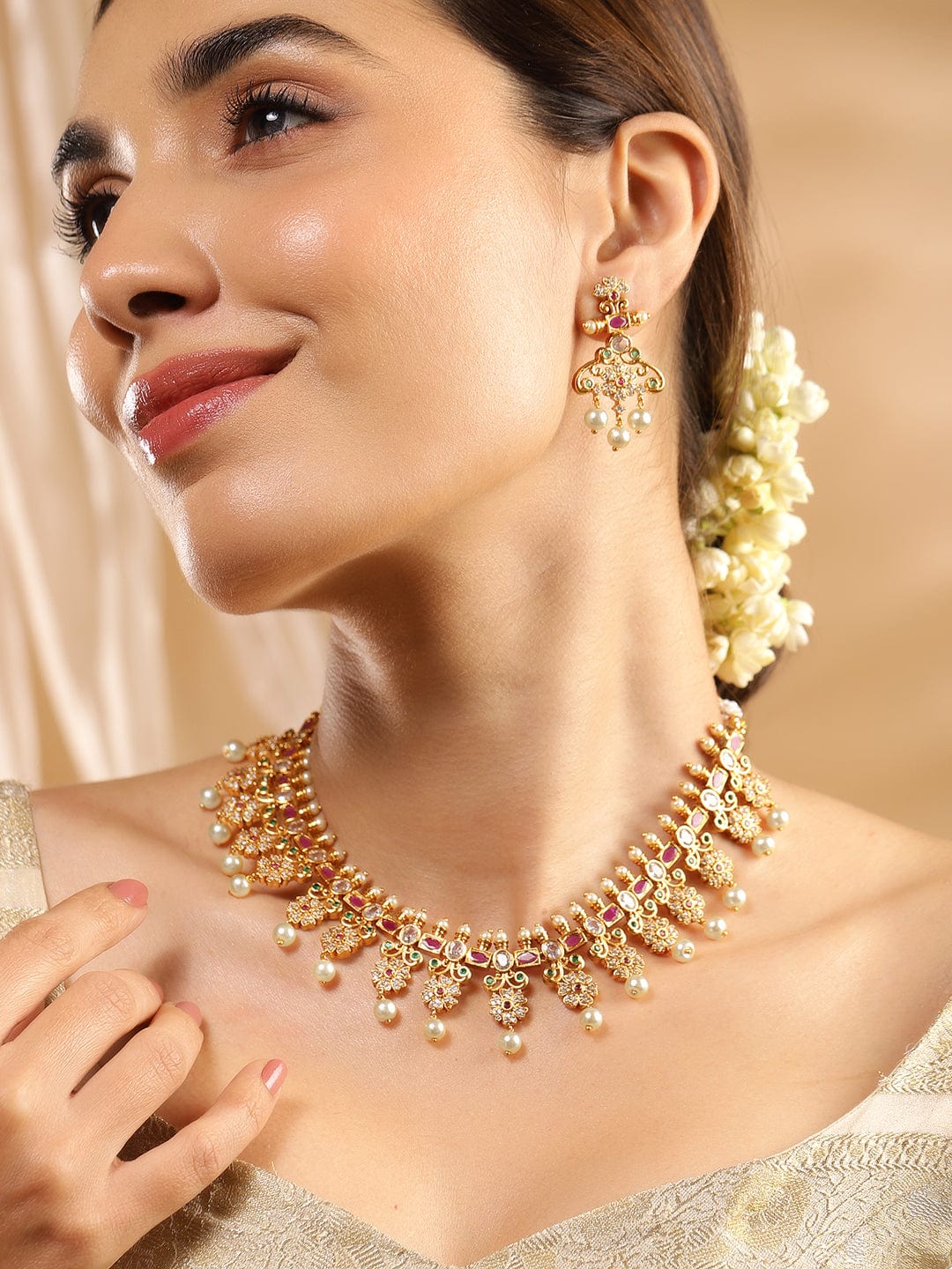 Wentra 22K Gold Plated Ruby Pink, Emerald & Cubic Zirconia Studded Floral Jewellery Set