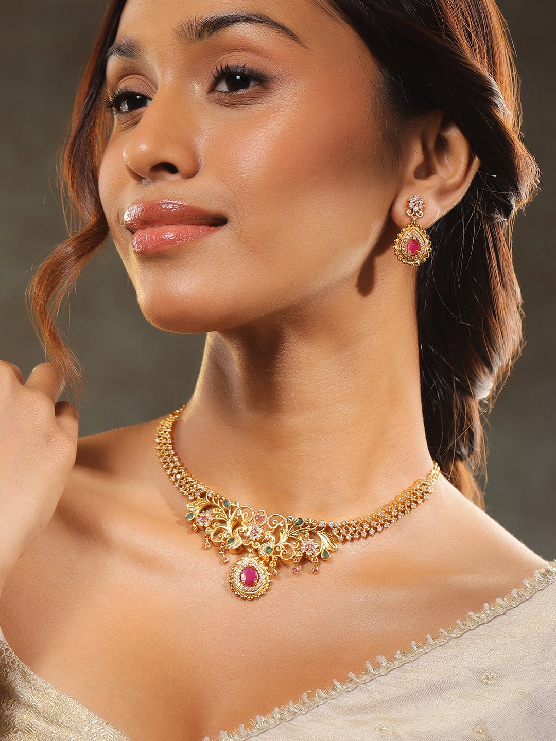 Peacock Motif American Diamond Zirconia Gold Necklace Set