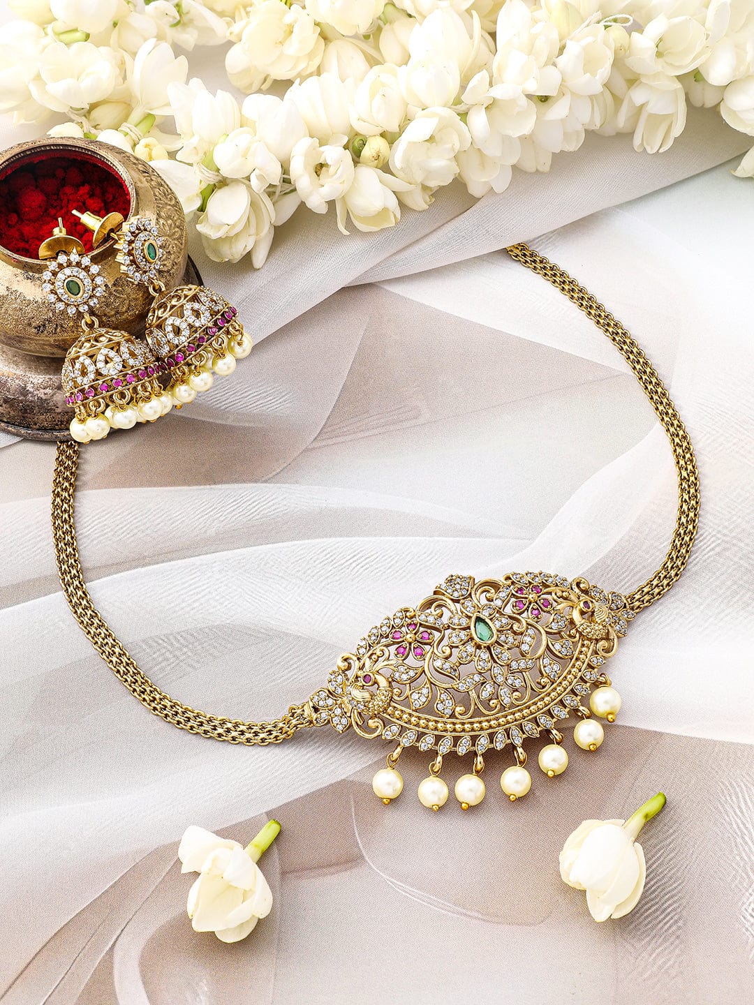 American Diamond Zirconia Necklace With Pearl Drops