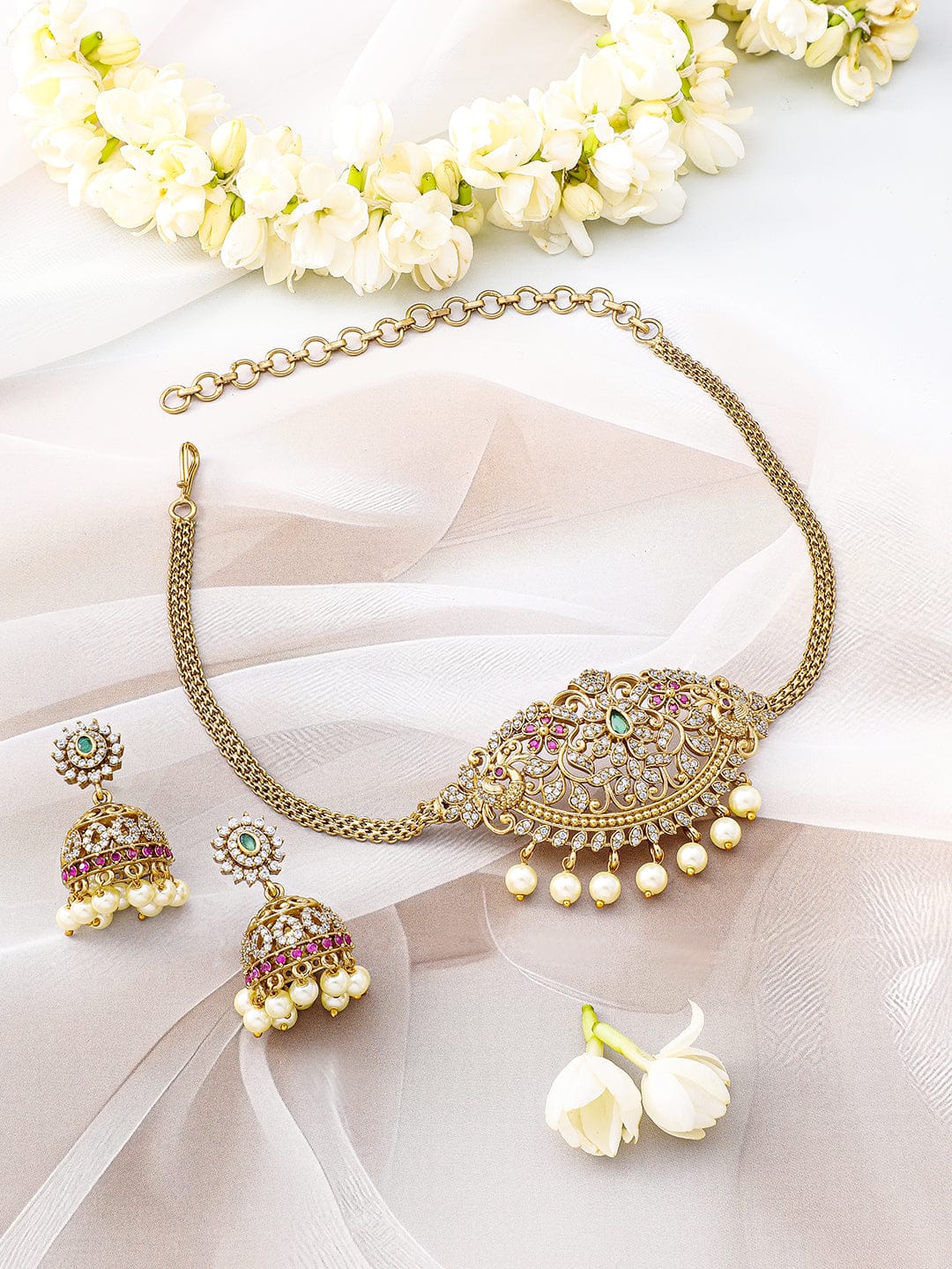 American Diamond Zirconia Necklace With Pearl Drops