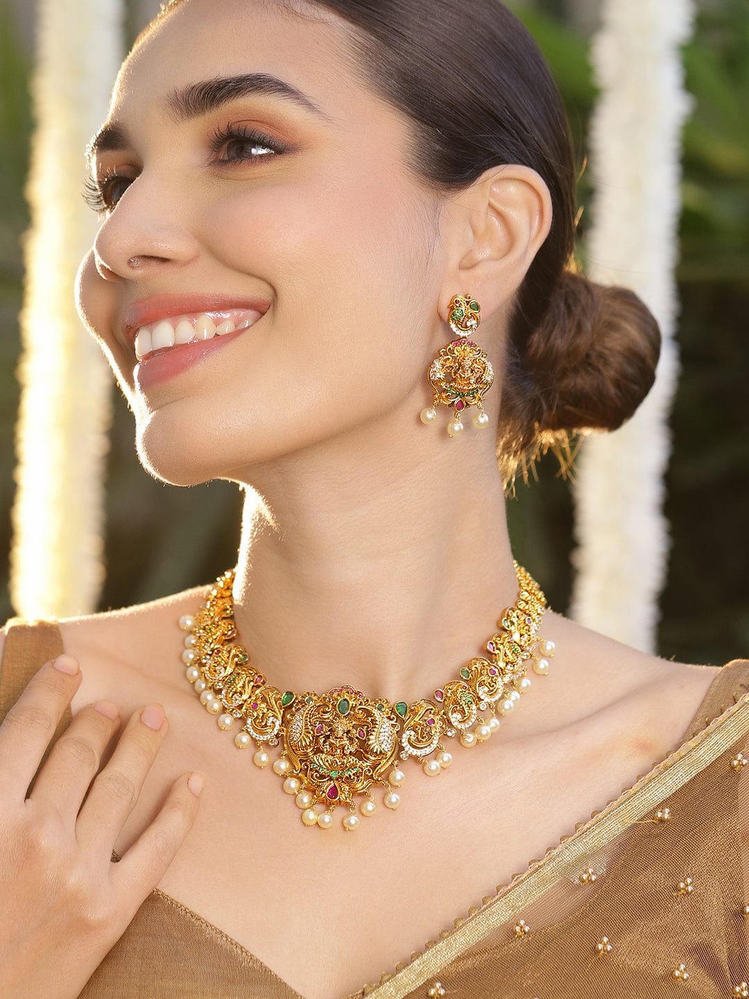 Peacock Motif Gold Toned Pearl Necklace Set