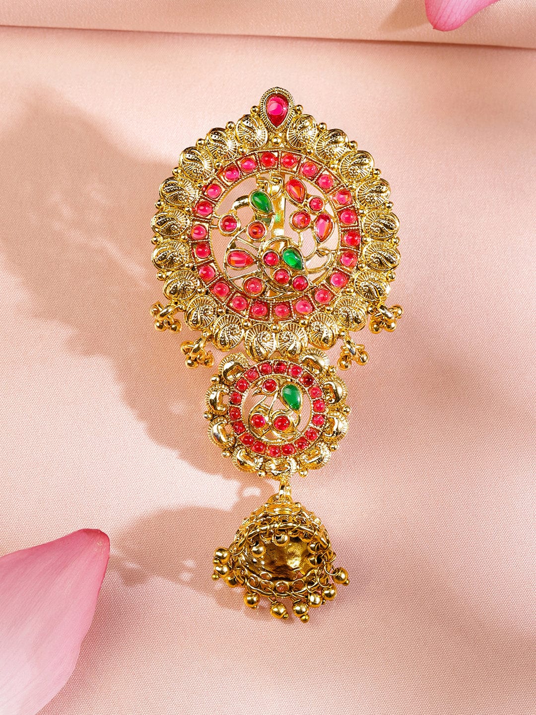 Wentra 22K Gold-Plated Ruby Pink & Emerald Green Stone Studded Braid Hair Accessory with Golden Beads Drop