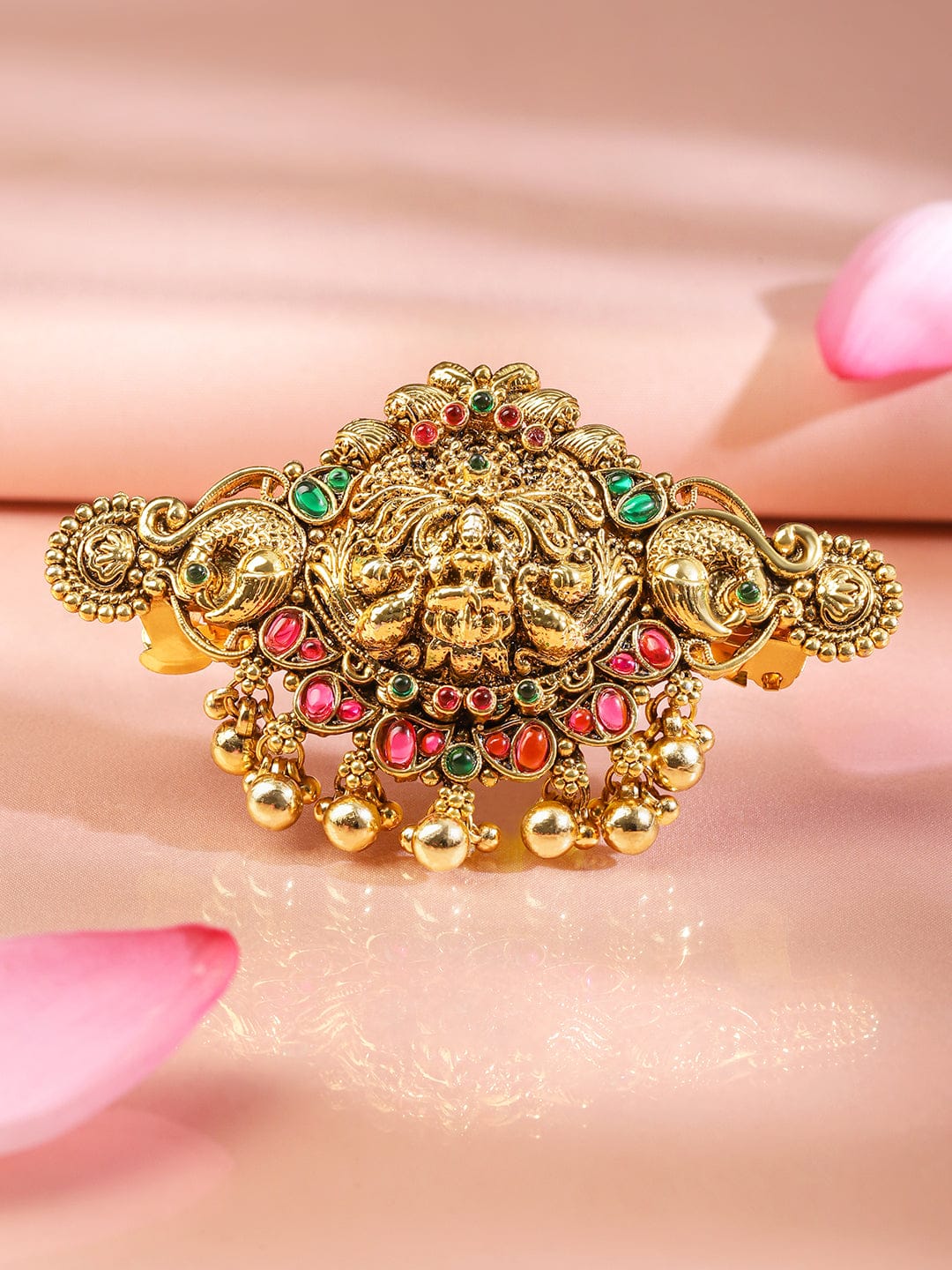Wentra 22K Gold-Plated Ruby Pink & Emerald Green Stone Studded Goddess Lakshmi Temple Hair Clip with Hanging Beads
