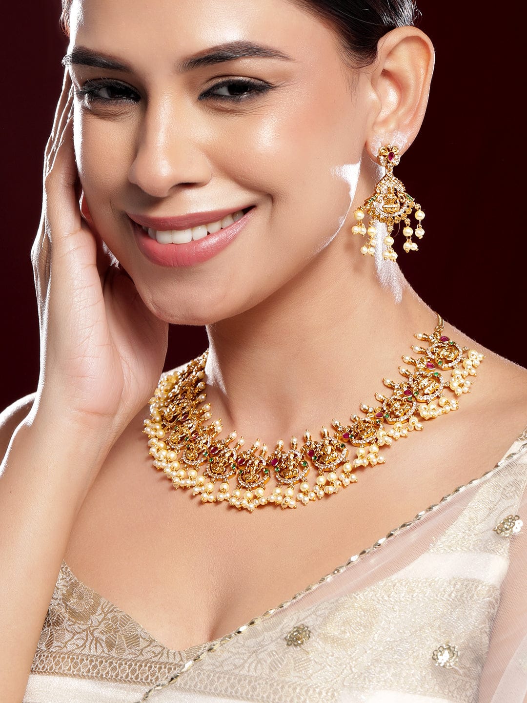 American Diamond Zirconia Pearl Drop Temple Necklace Set