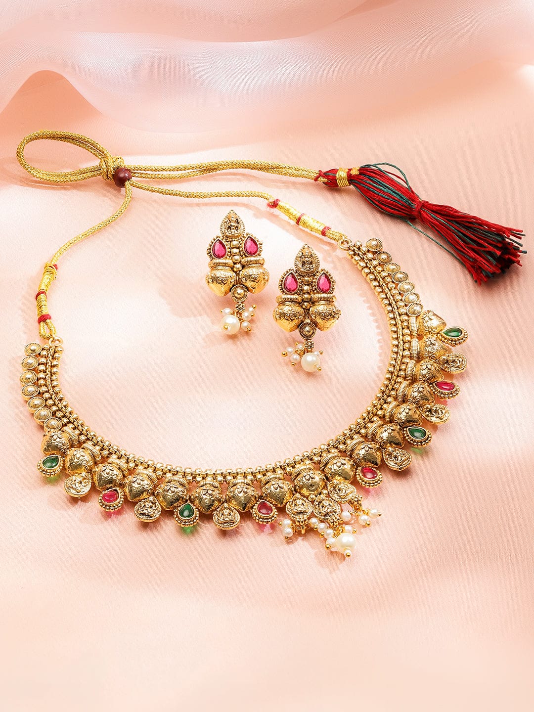 Red & Green Temple Gold Necklace Set