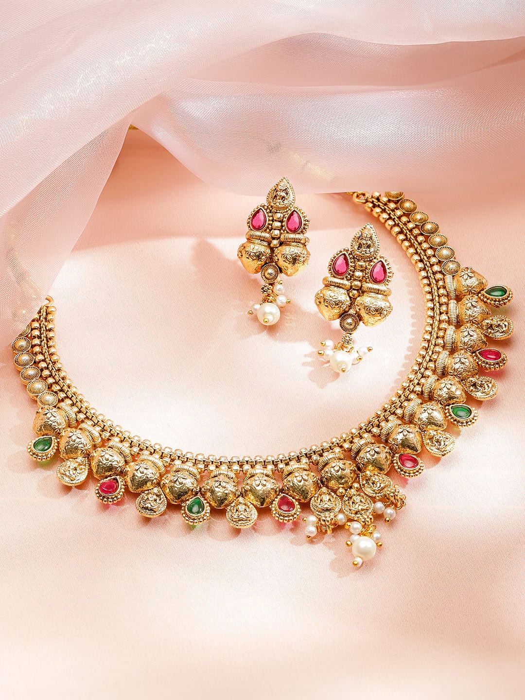 Red & Green Temple Gold Necklace Set