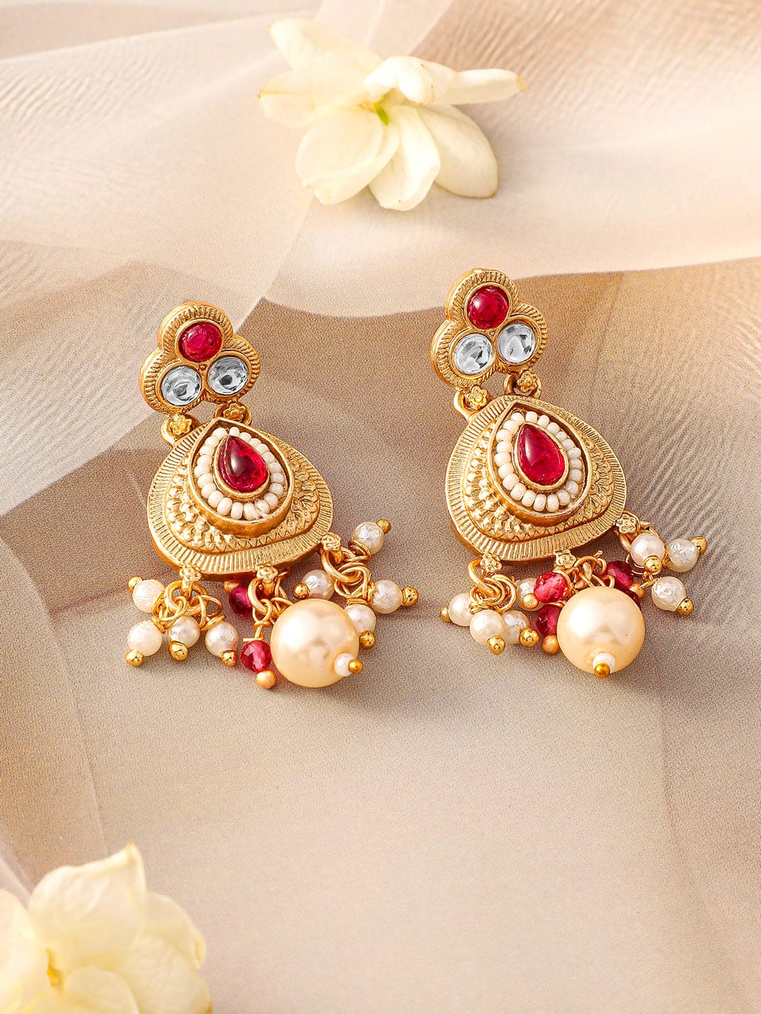 Red & White Studded Necklace Set