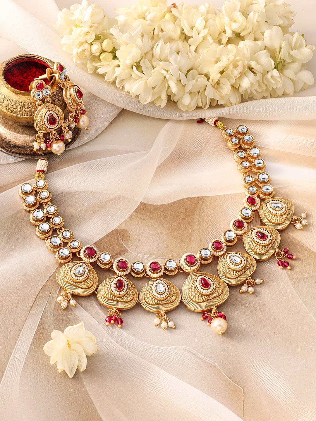 Red & White Studded Necklace Set