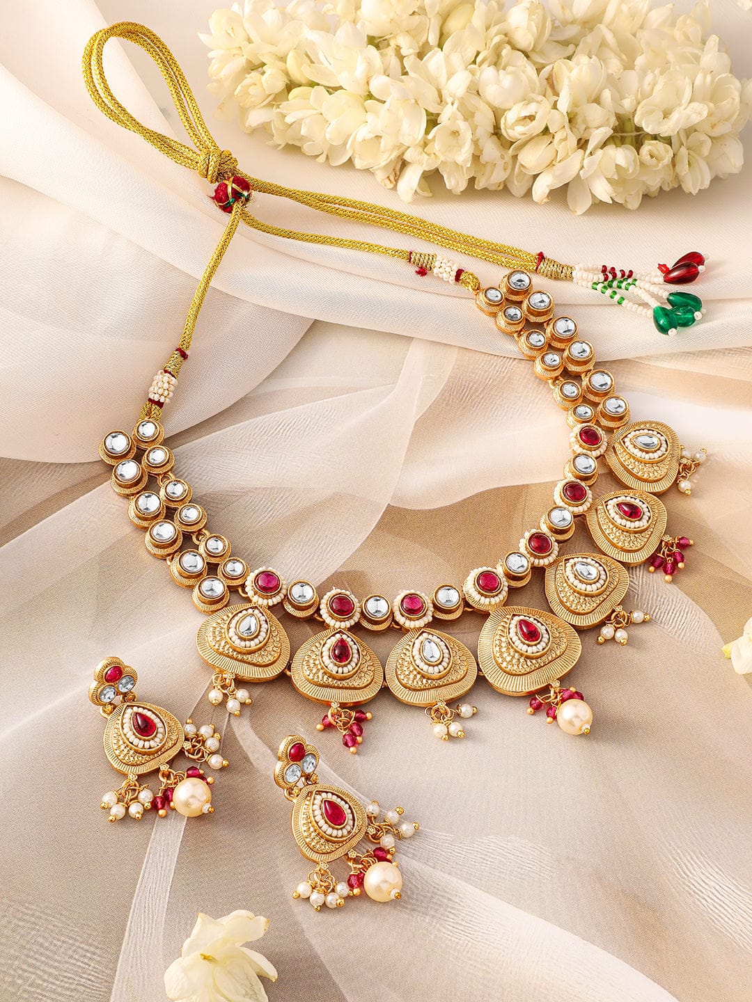 Red & White Studded Necklace Set