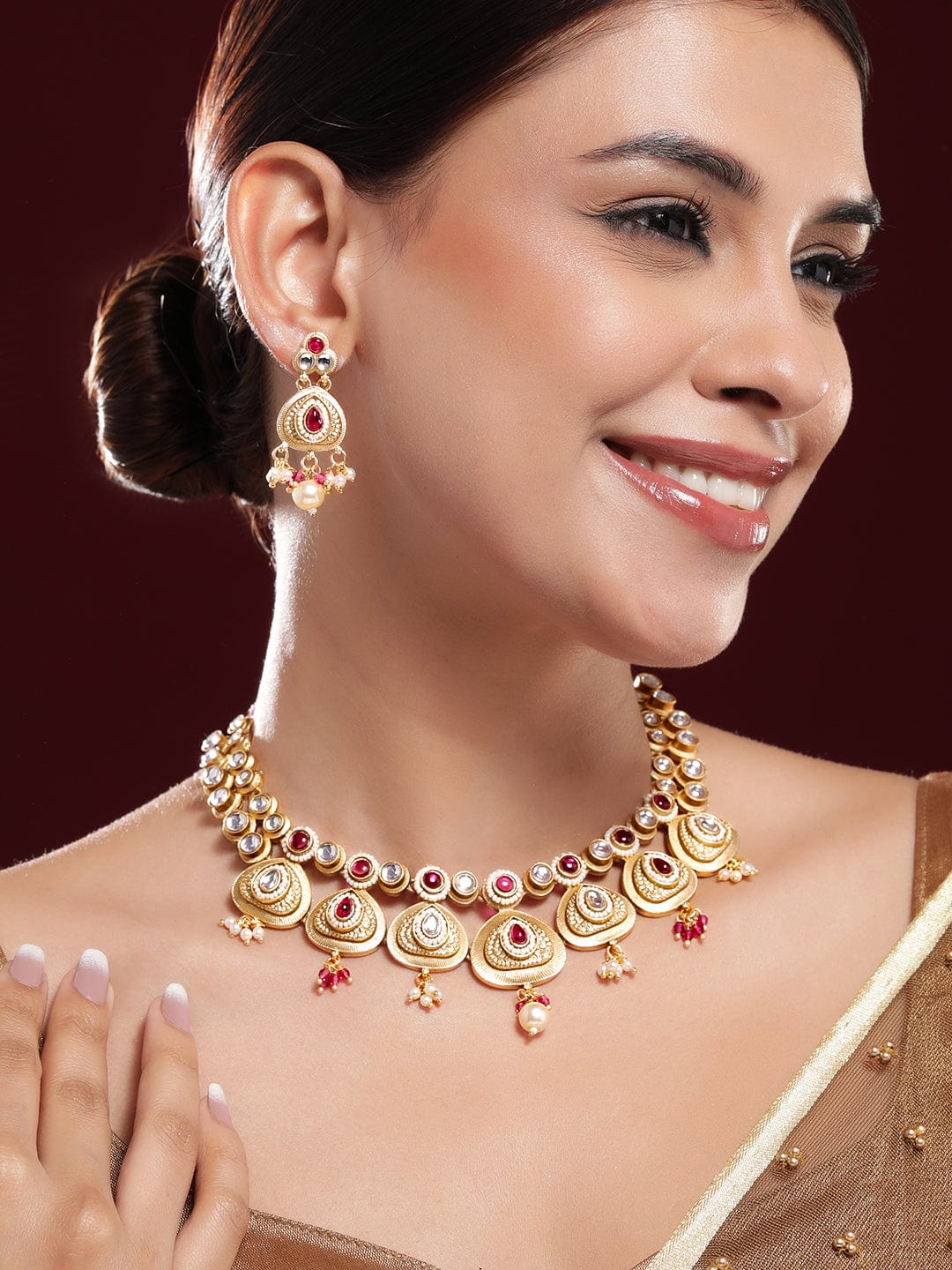 Red & White Studded Necklace Set