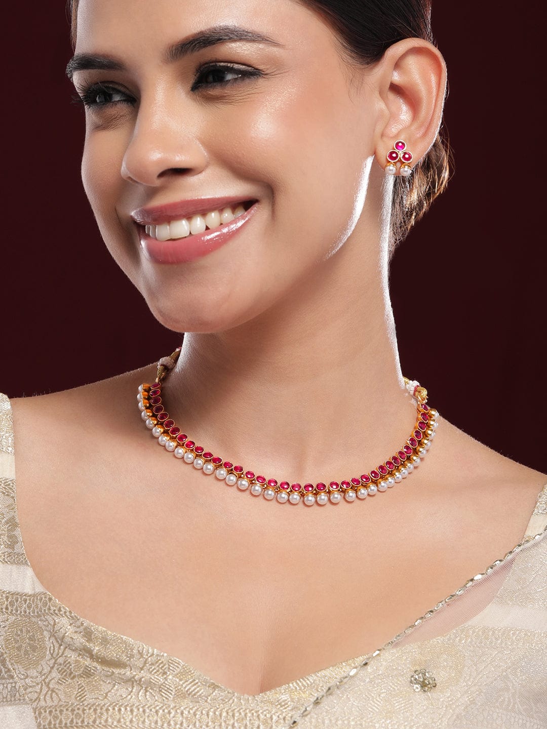 Ruby Pink Studded Pearl Beaded Necklace Set