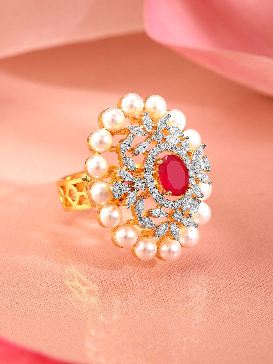 Red American Diamond Zirconia Studded Pearl Ring