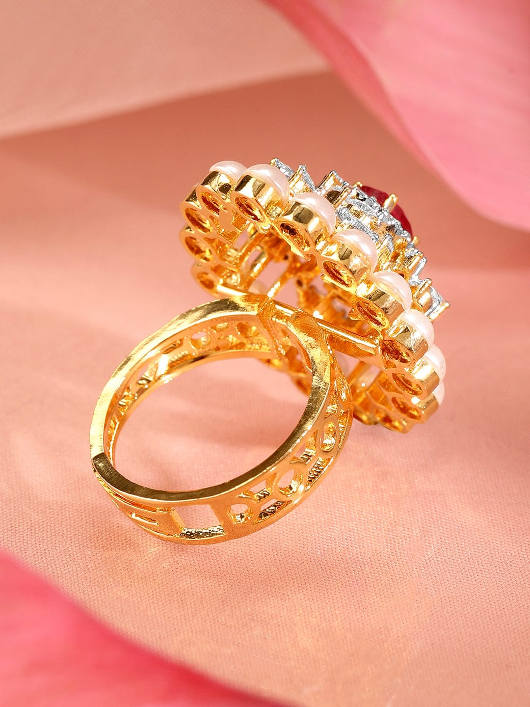 Red American Diamond Zirconia Studded Pearl Ring