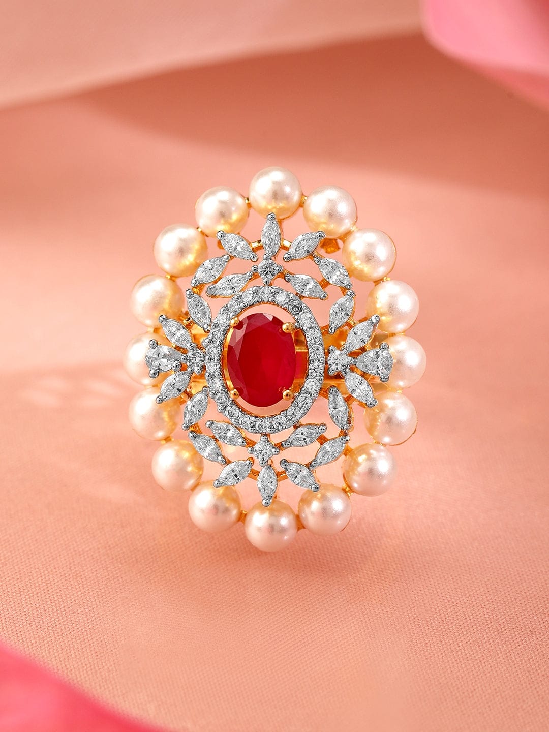Red American Diamond Zirconia Studded Pearl Ring