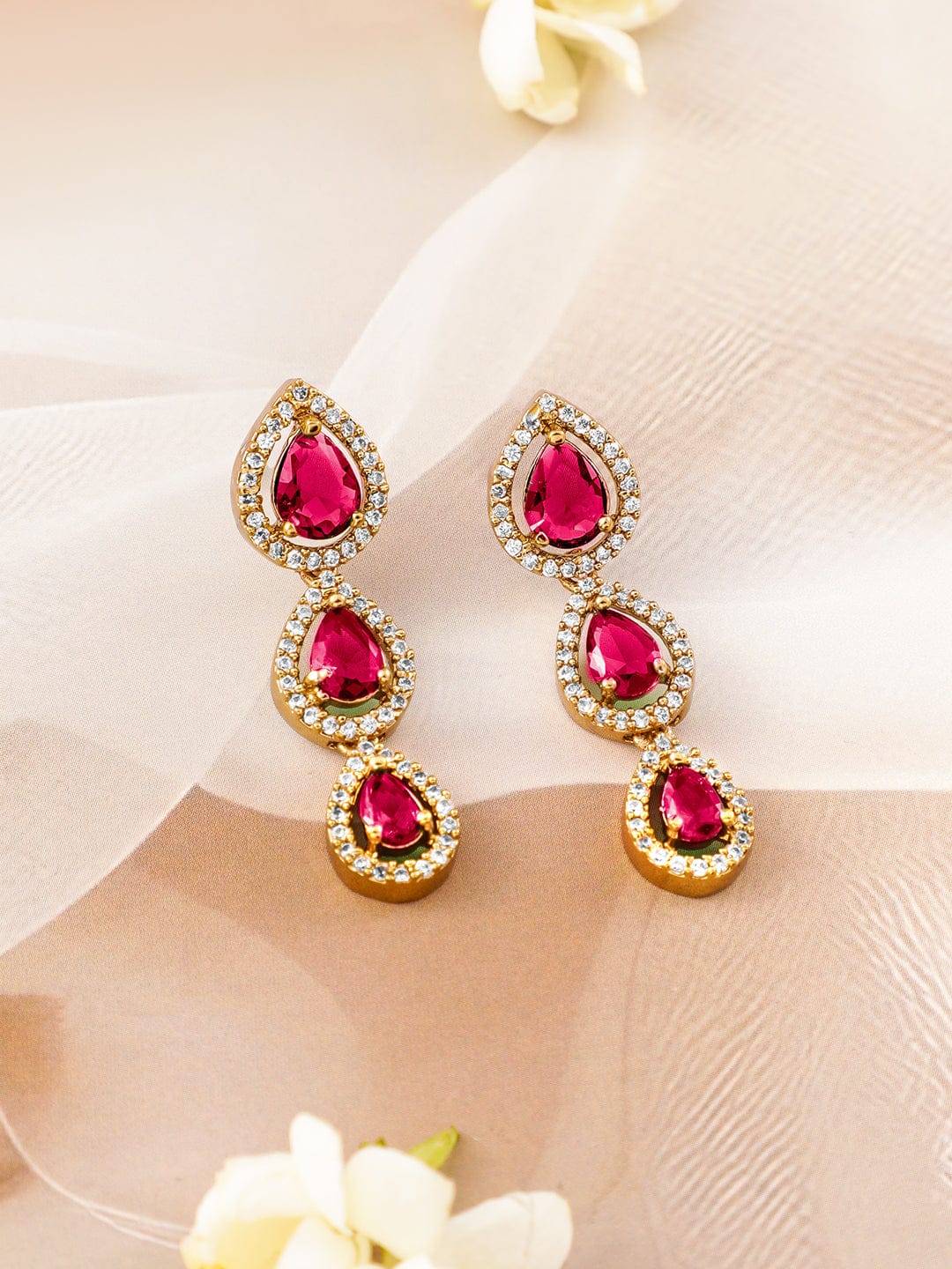 Red American Diamond Zirconia Tear Drop Necklace Set