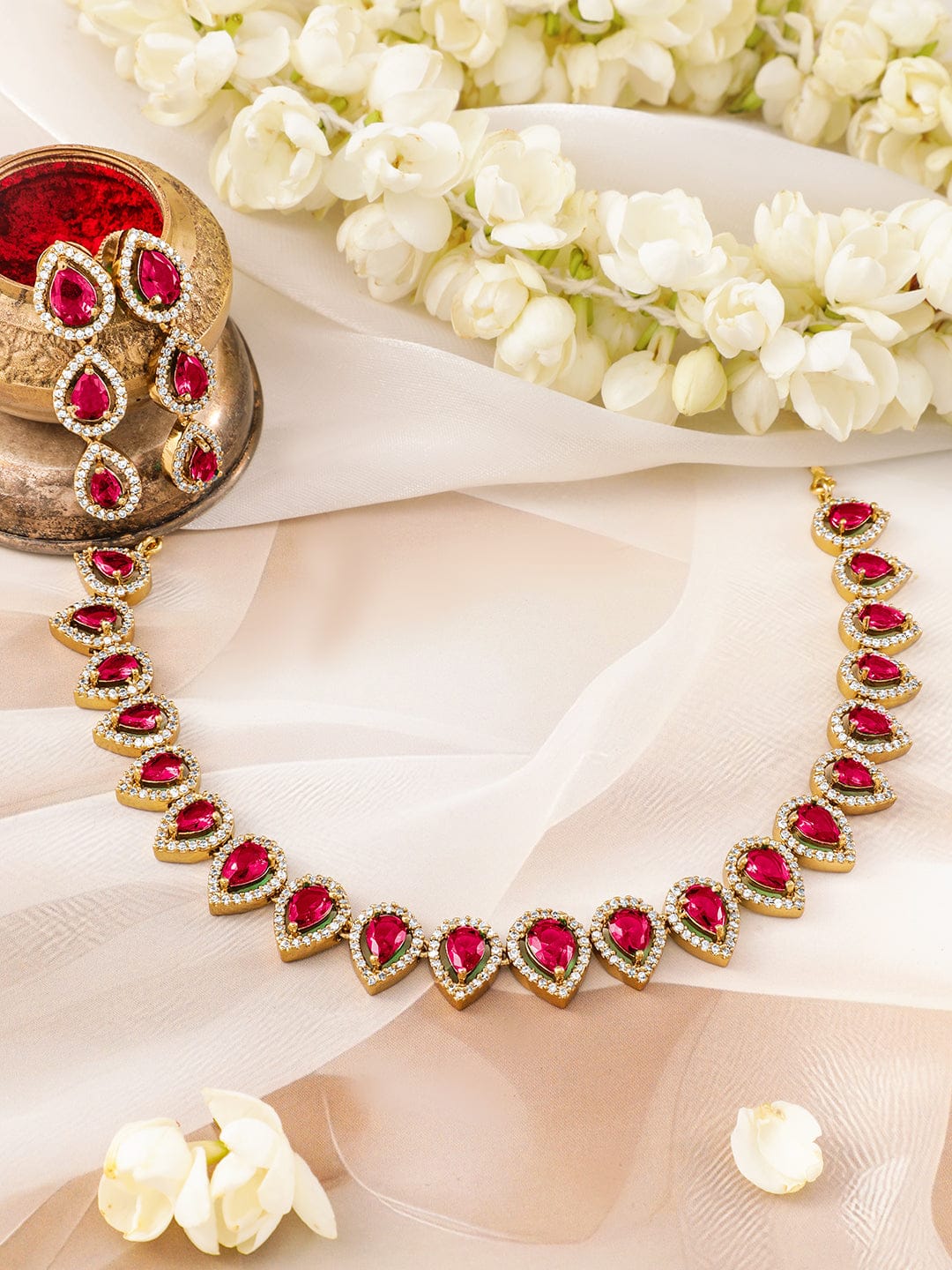 Red American Diamond Zirconia Tear Drop Necklace Set