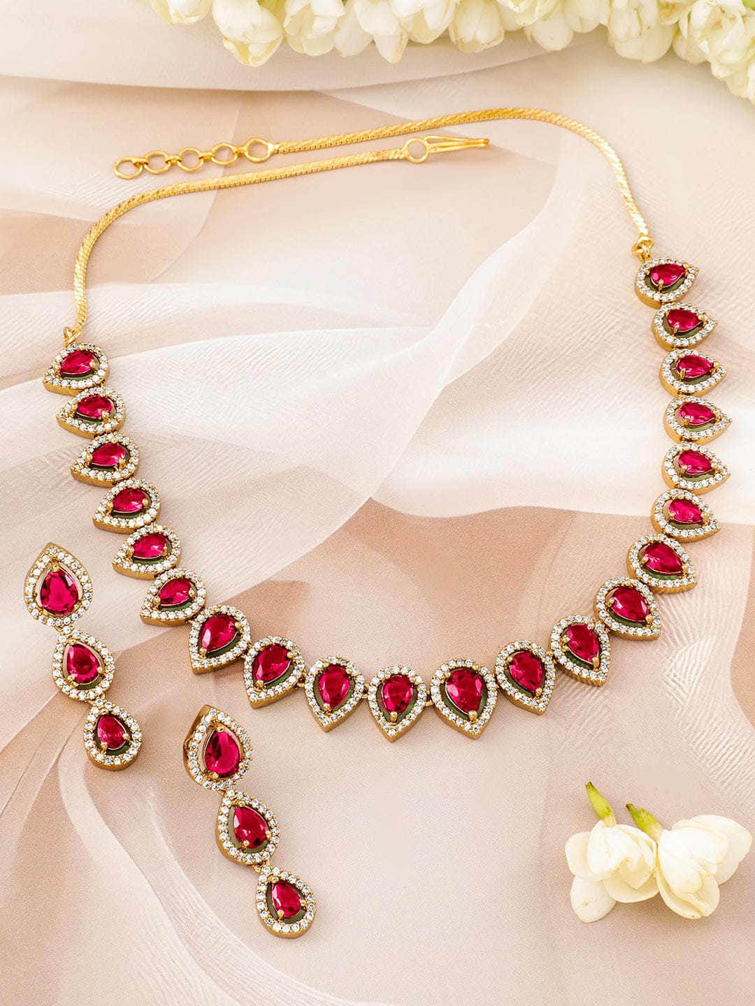 Red American Diamond Zirconia Tear Drop Necklace Set