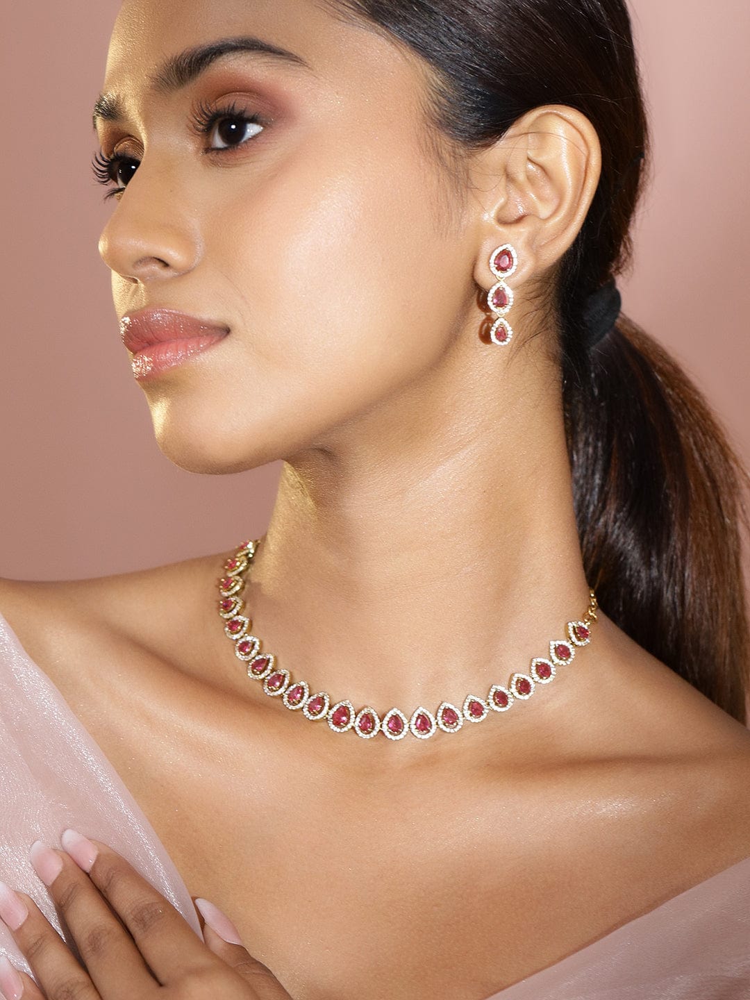 Red American Diamond Zirconia Tear Drop Necklace Set