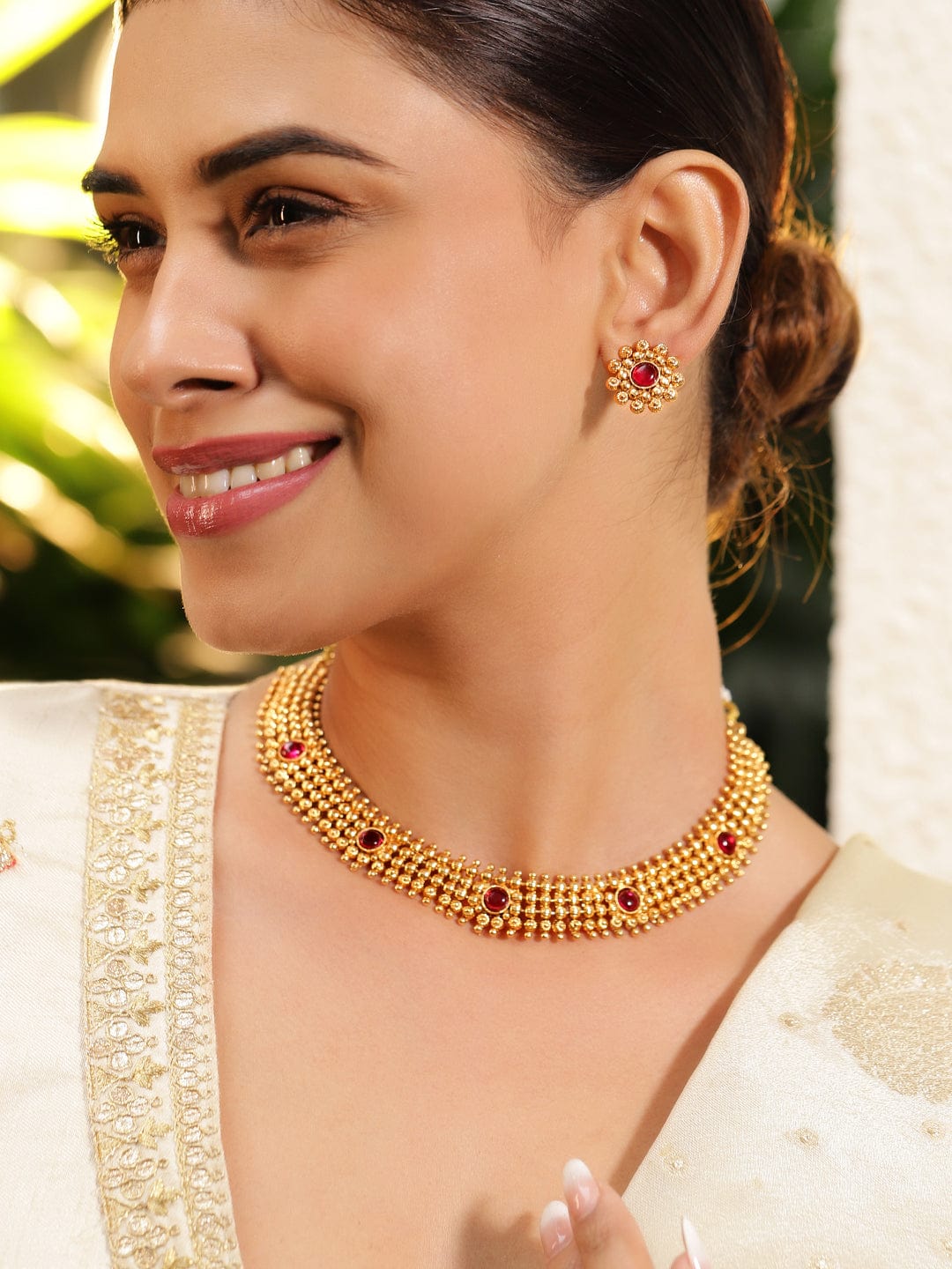 Ruby Studded Traditional Golden Necklace Set