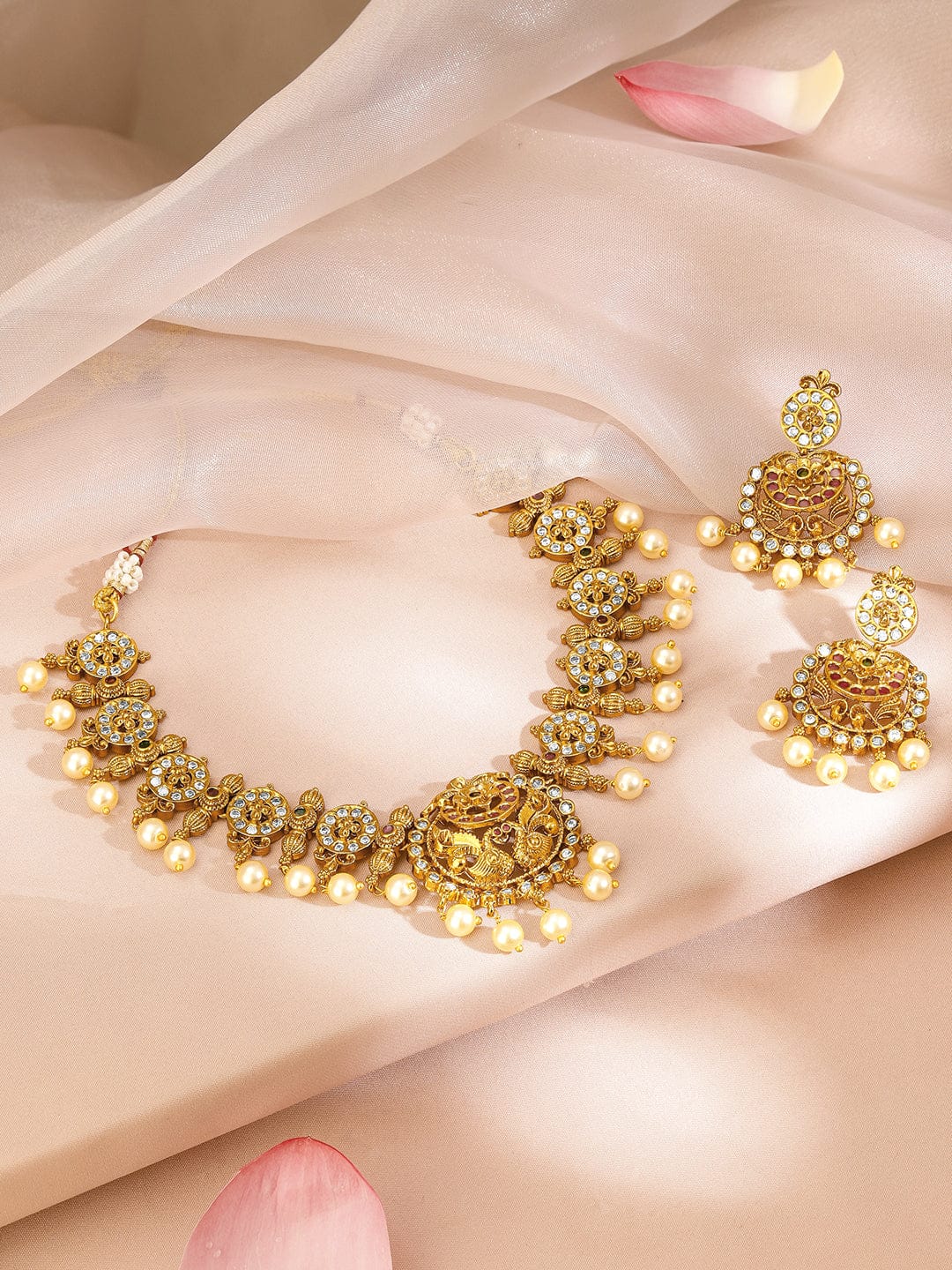 American Diamond Zirconia Pearl Drop Gold Necklace Set